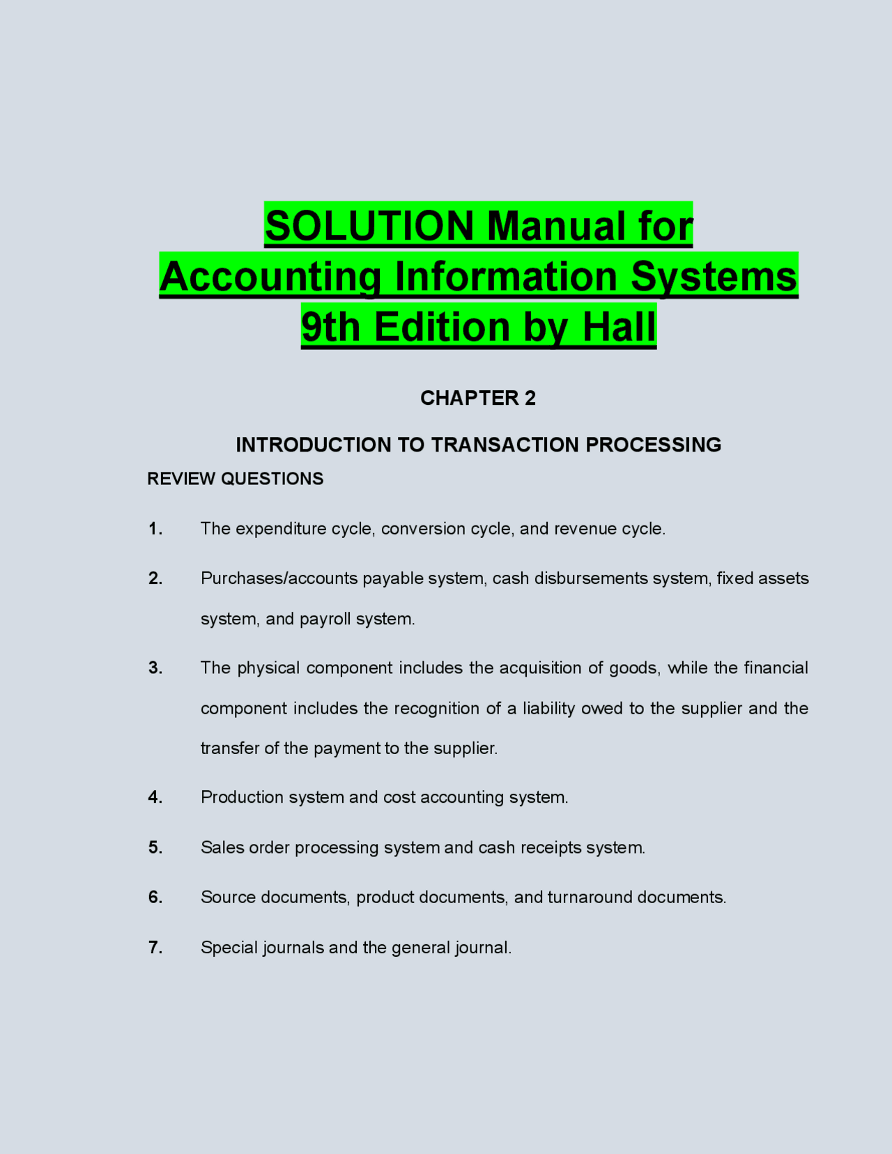 SOLUTION Manual for Accounting Information Systems 9th Edition by Hall ...