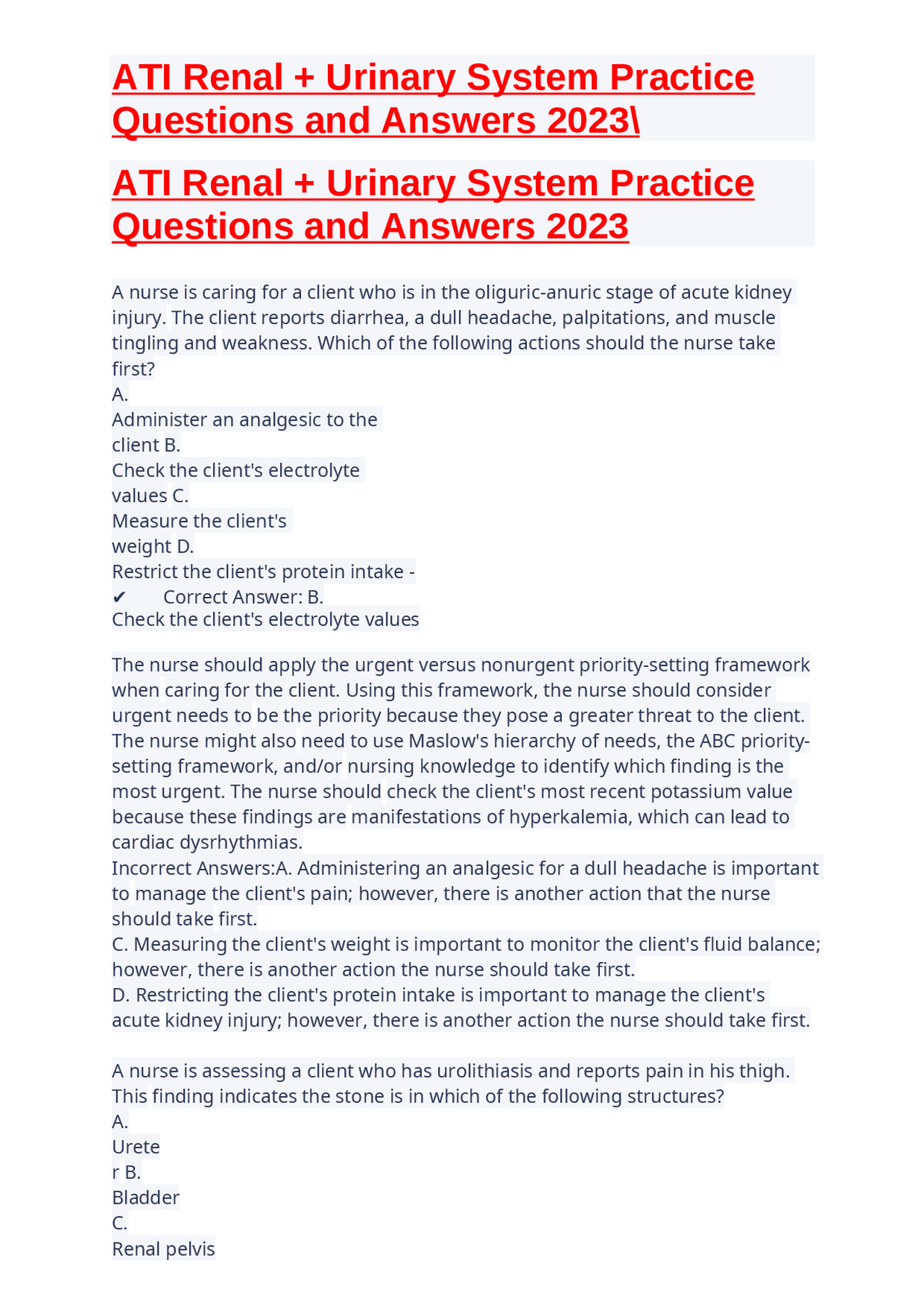 ATI Renal + Urinary System Practice Questions and Answers 2023 | Exams ...