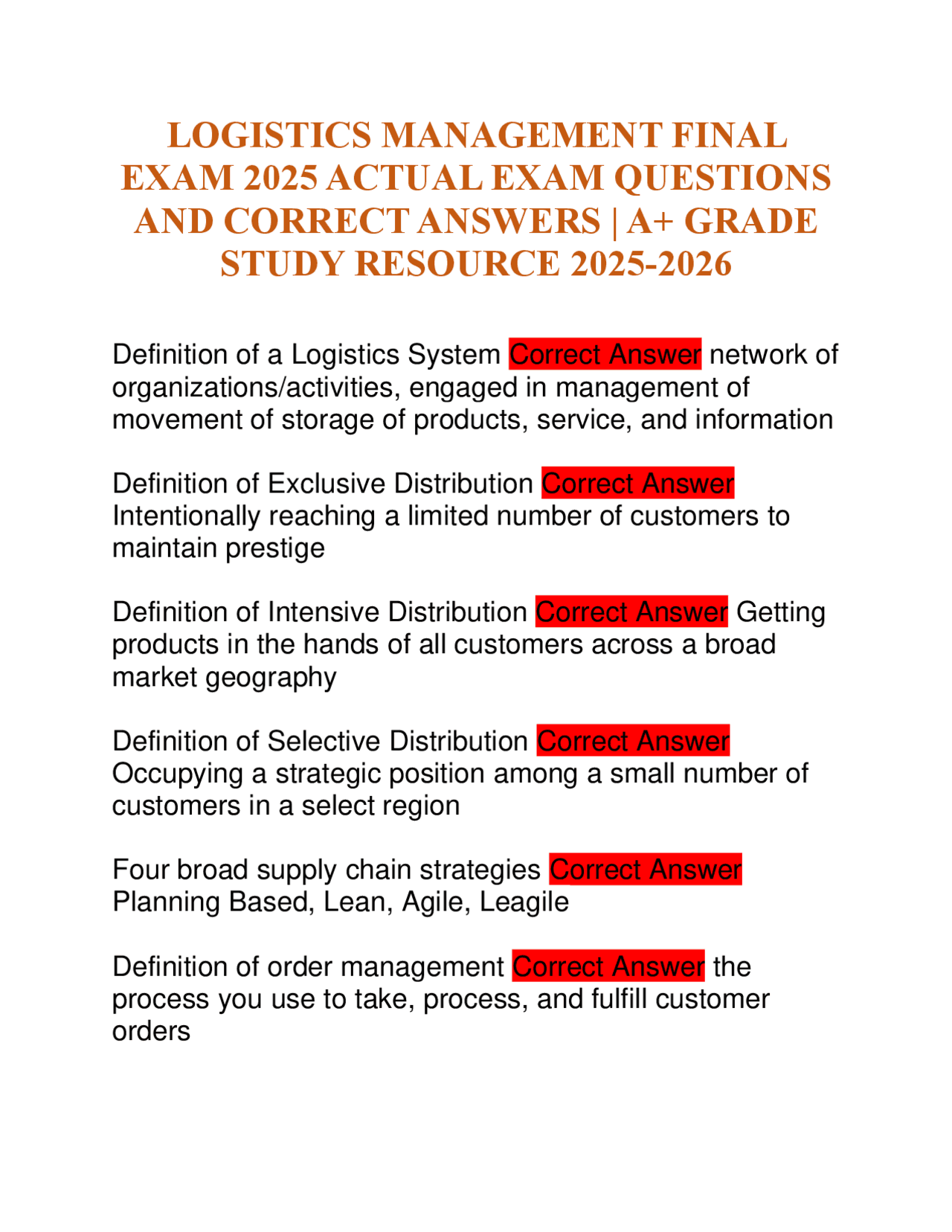 LOGISTICS MANAGEMENT FINAL EXAM 2025 ACTUAL EXAM QUESTIONS AND CORRECT ...