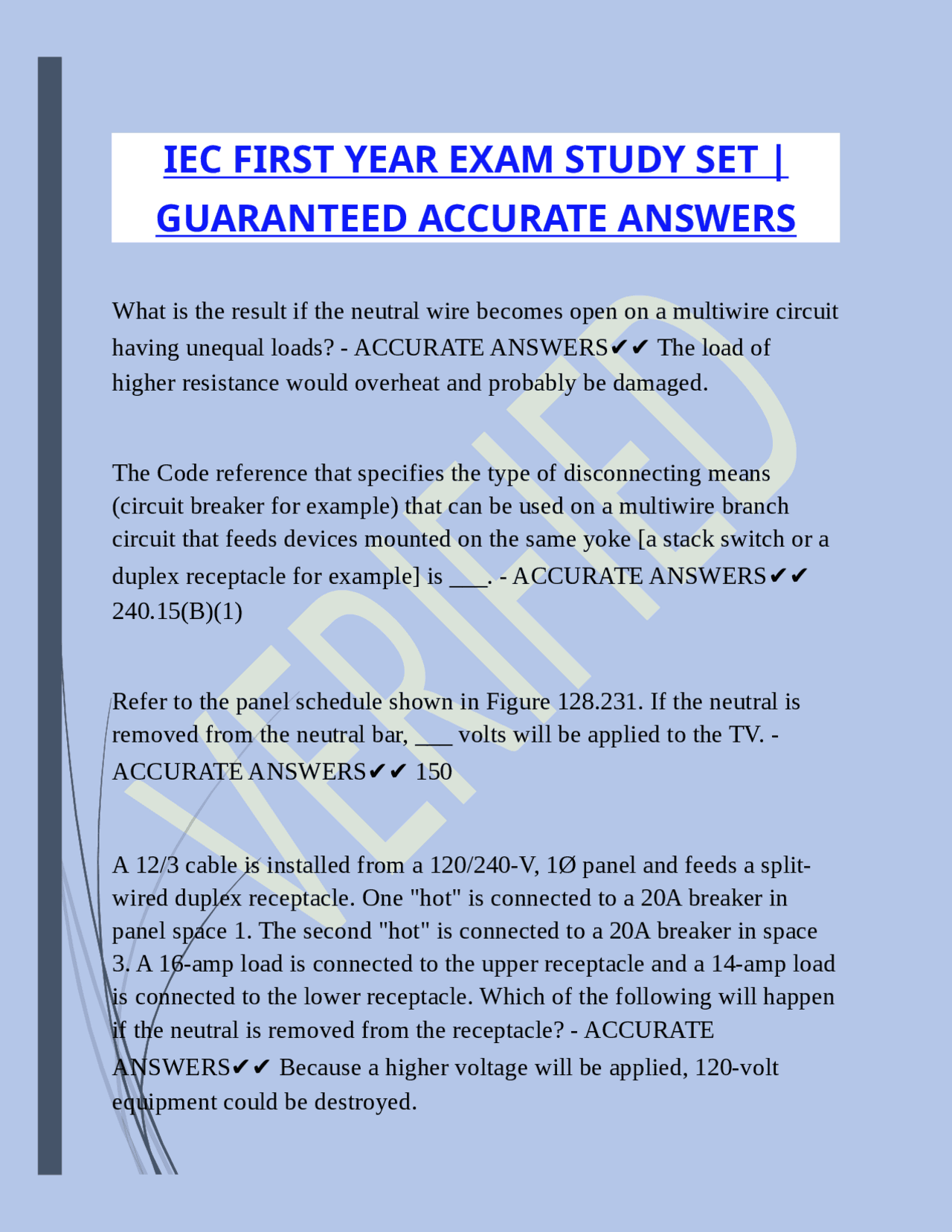 IEC FIRST YEAR EXAM STUDY SET |GUARANTEED ACCURATE ANSWERS | Exams Nursing | Docsity