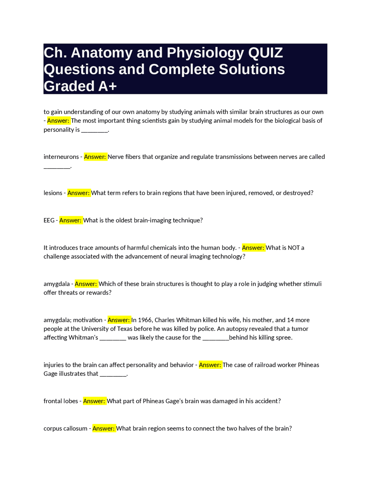 Ch. Anatomy and Physiology QUIZ Questions and Complete Solutions Graded ...