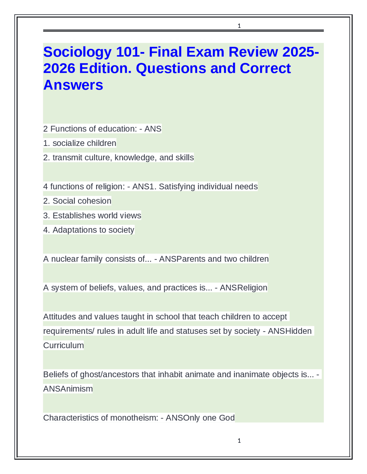 Sociology 101- Final Exam Review 2025-2026 Edition. Questions and ...