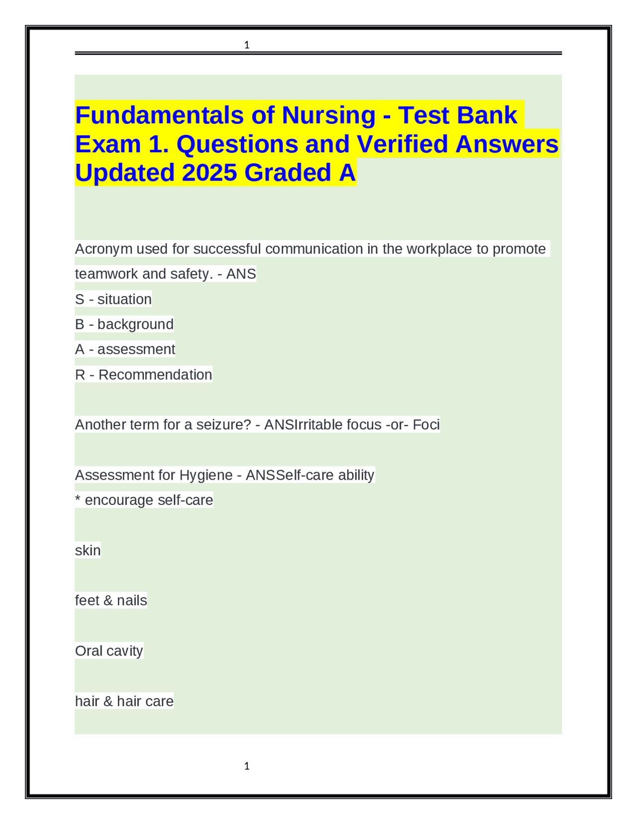 Fundamentals of Nursing - Test Bank Exam 1. Questions and Verified ...