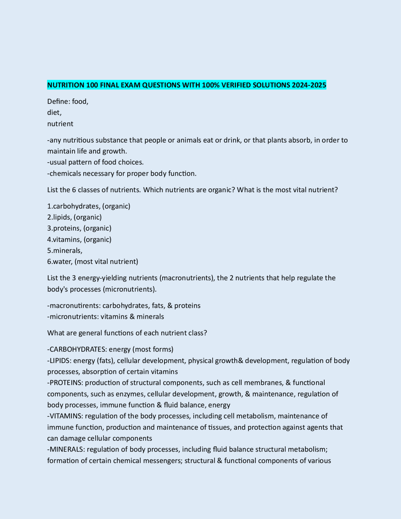 NUTRITION 100 FINAL EXAM QUESTIONS WITH 100% VERIFIED SOLUTIONS 2024 ...