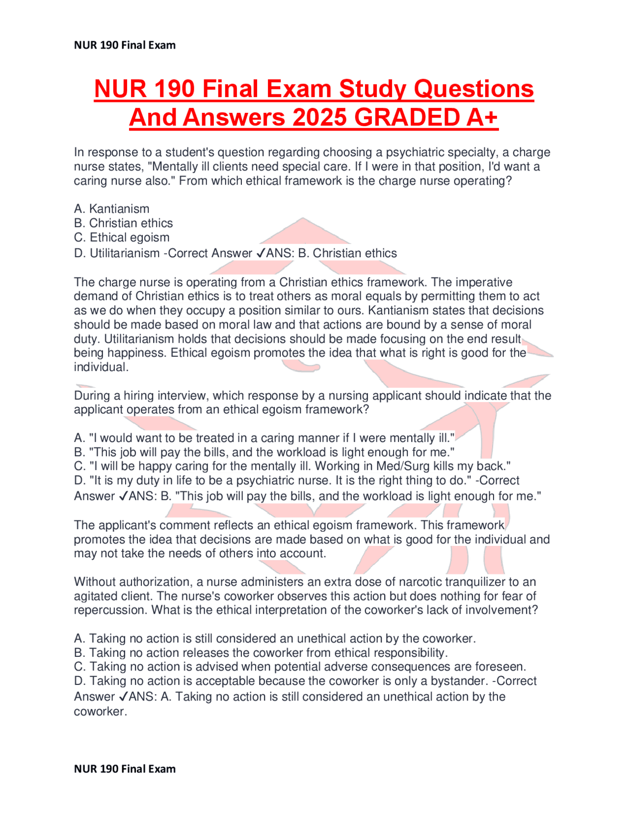 NUR 190 Final Exam Study Questions And Answers 2025 GRADED A+ | Exams ...
