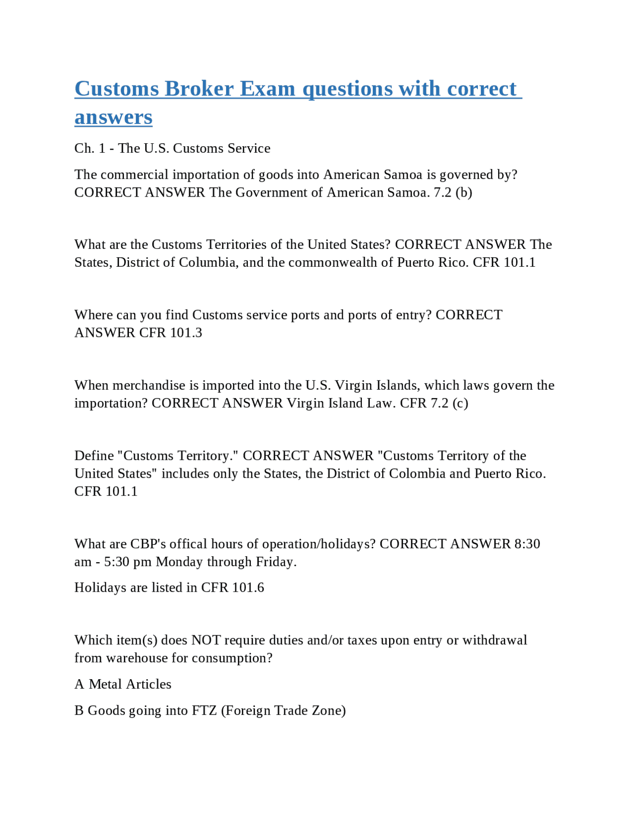 Customs Broker Exam questions with correct answers | Exams Law | Docsity
