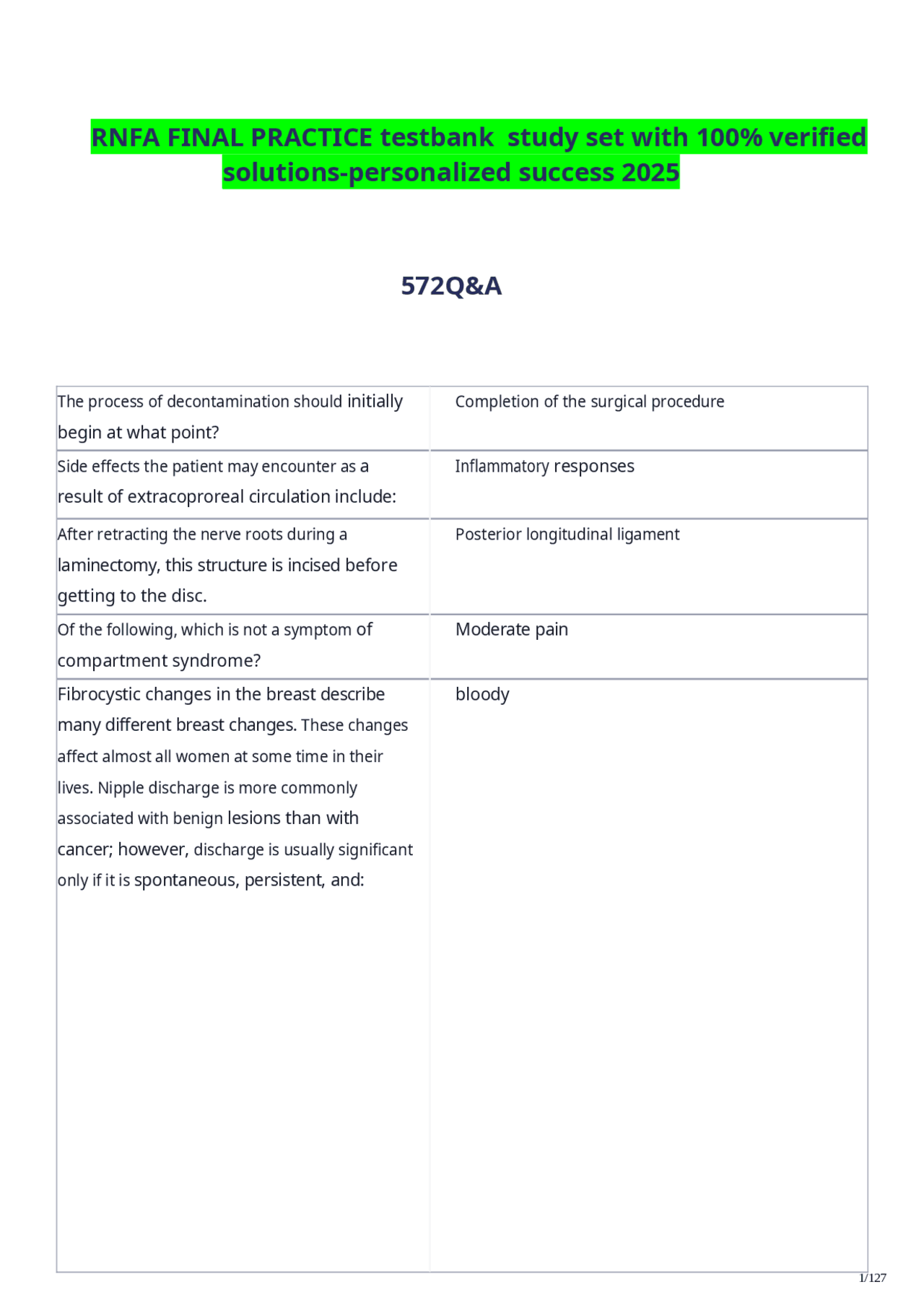 Sample Rnfa Log RNFA FINAL PRACTICE testbank study set with 100% verified solutions ...