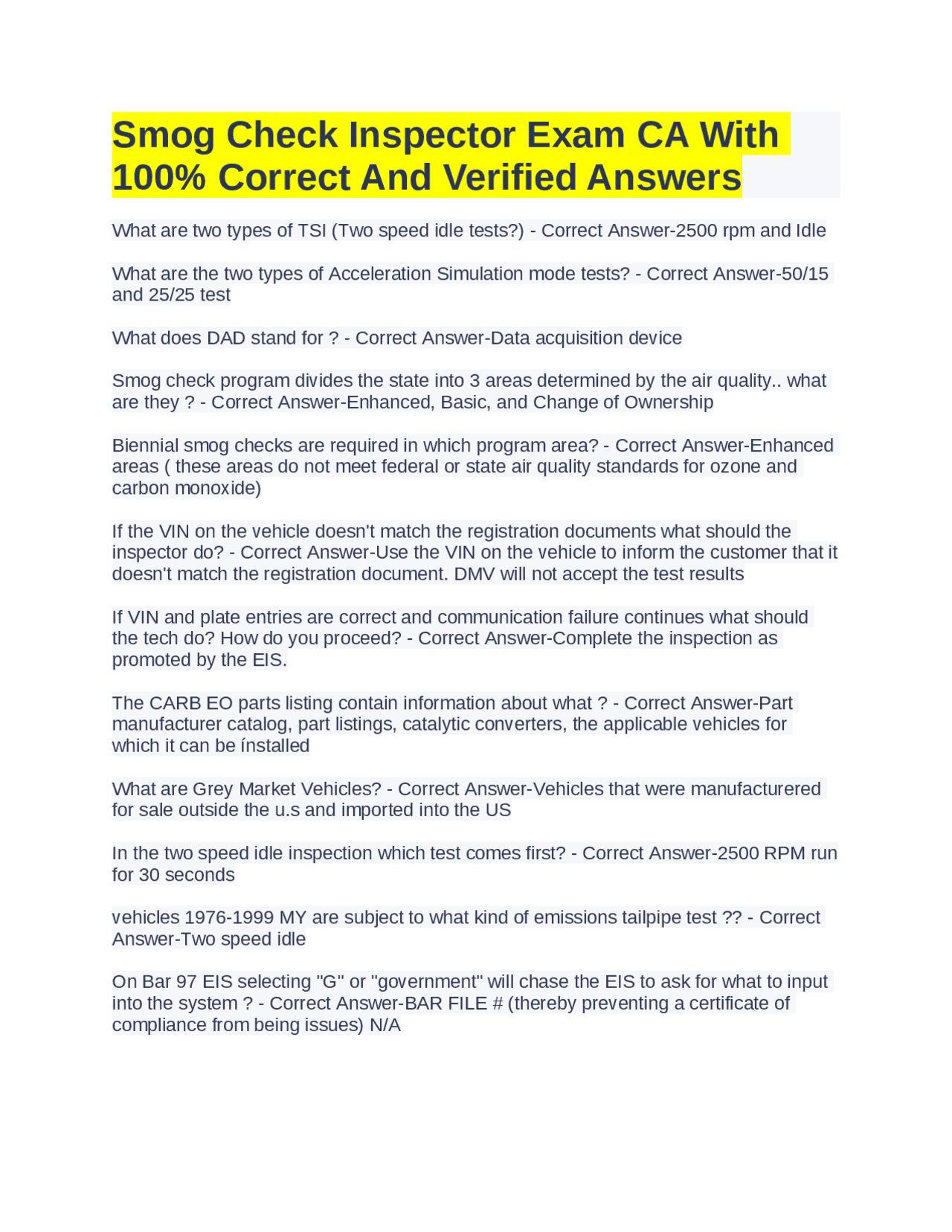 Smog Check Inspector Exam CA With 100% Correct And Verified Answers ...