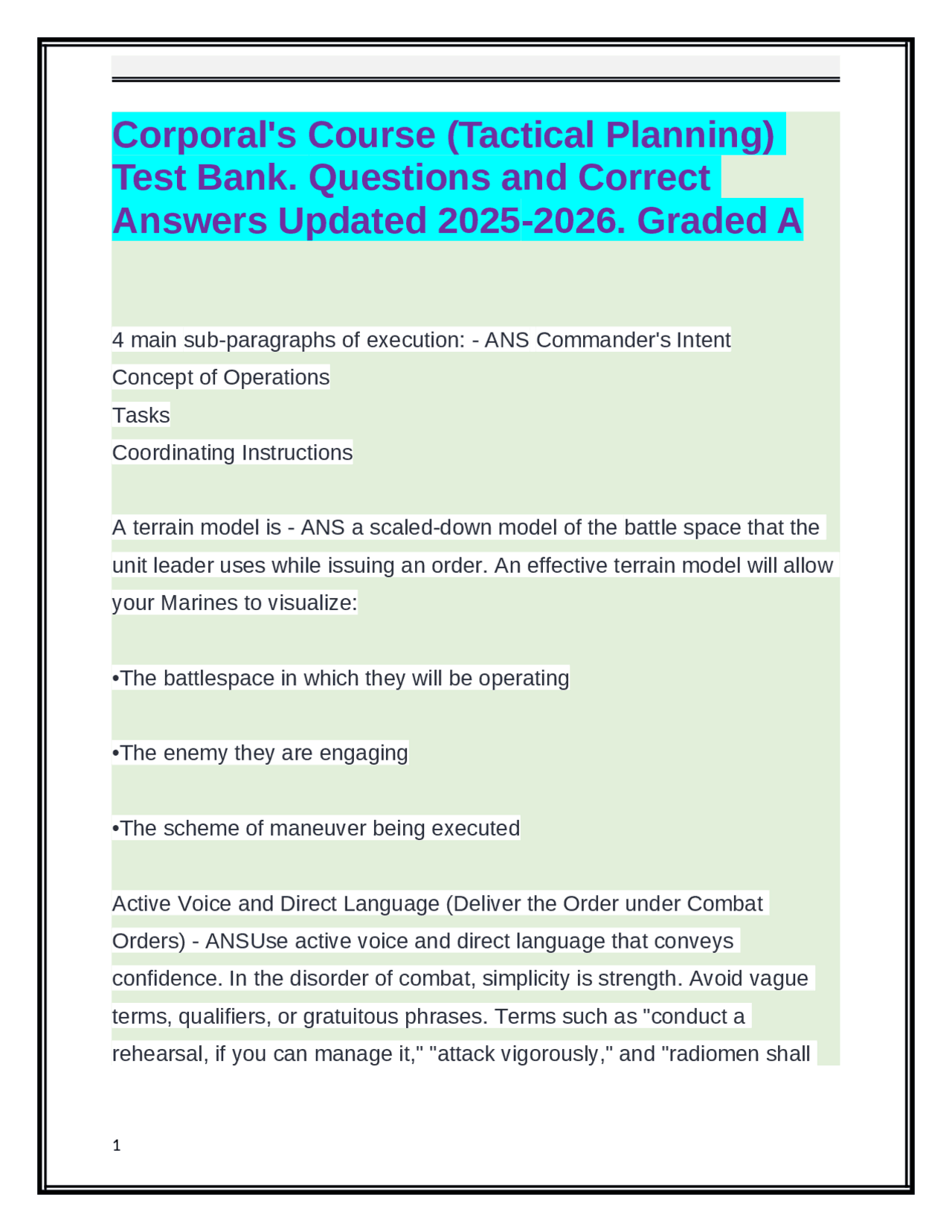 Corporal's Course (Tactical Planning) Test Bank. Questions & Correct ...
