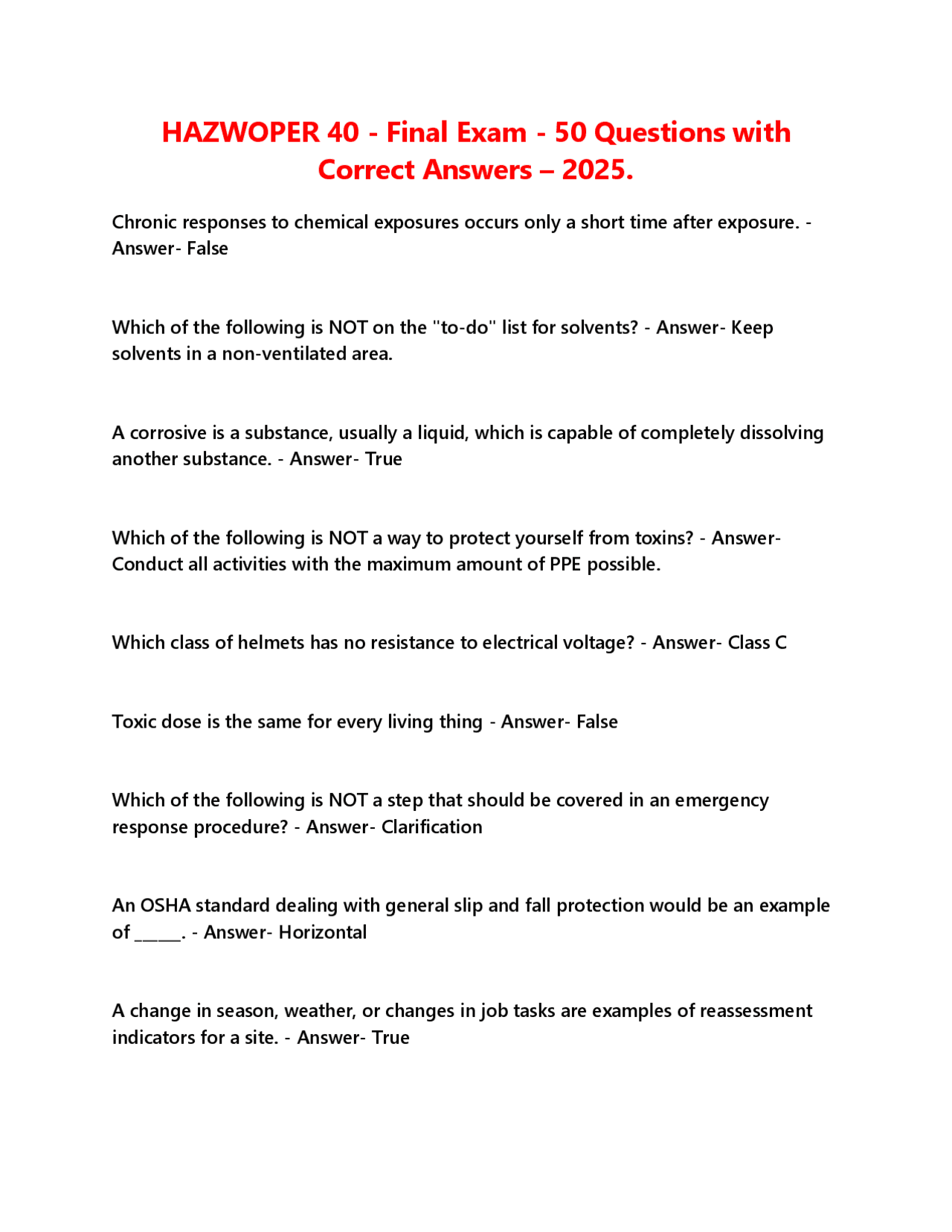 HAZWOPER 40 - Final Exam - 50 Questions with Correct Answers