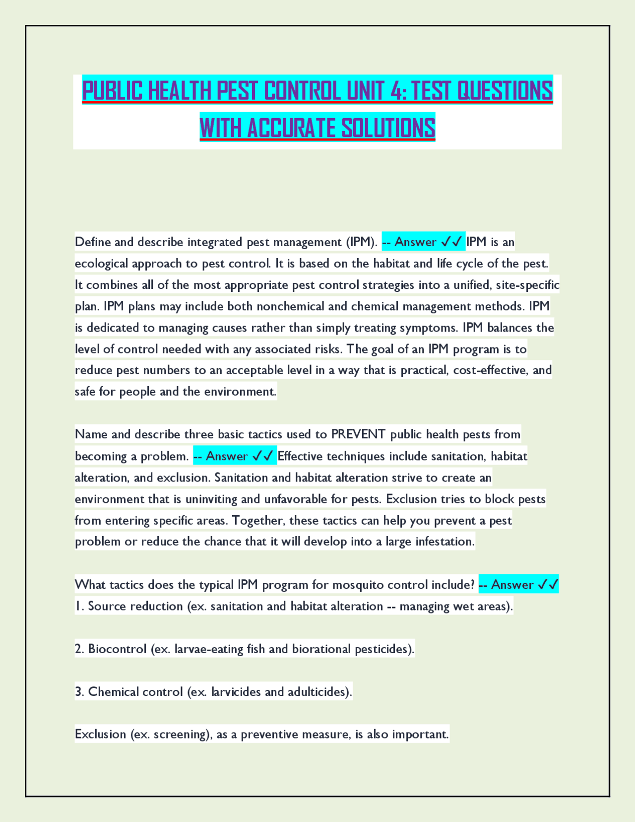 PUBLIC HEALTH PEST CONTROL UNIT 4: TEST QUESTIONS WITH ACCURATE ...