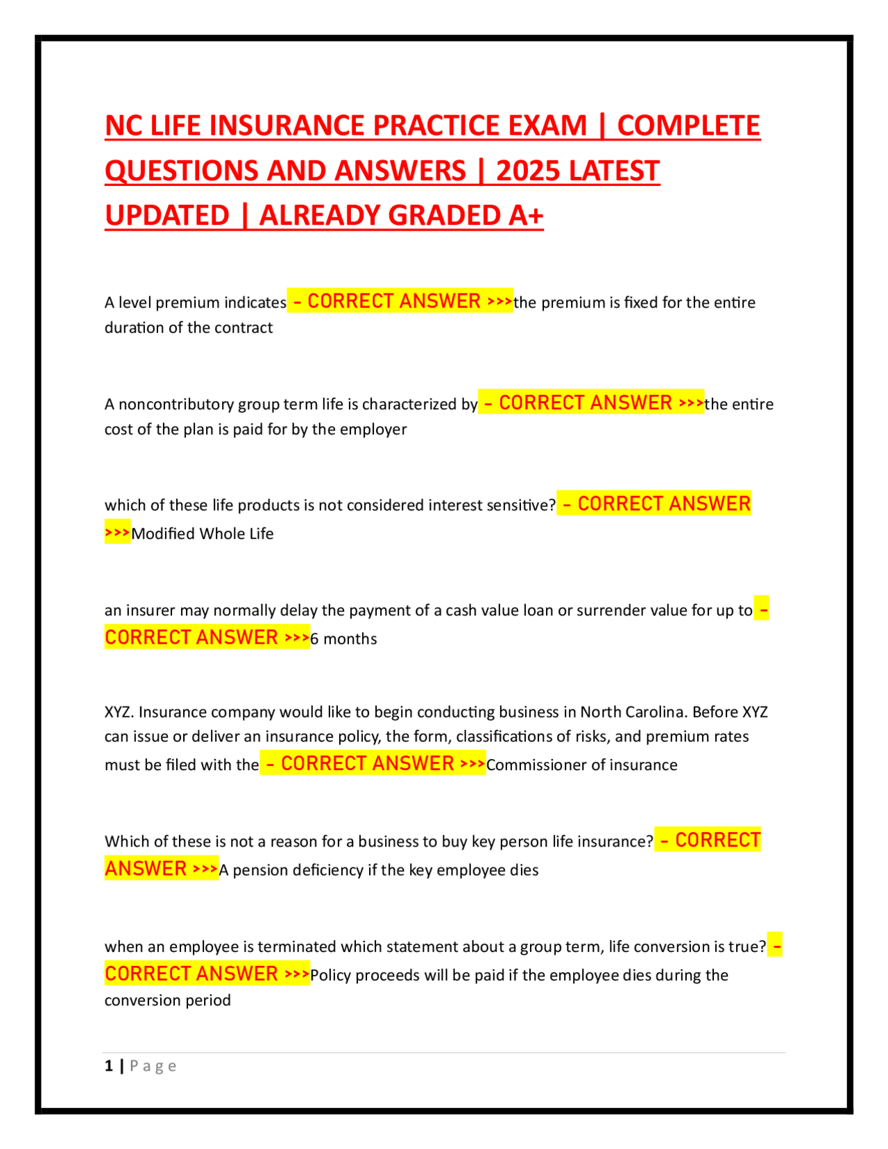 NC LIFE INSURANCE PRACTICE EXAM | COMPLETE QUESTIONS AND ANSWERS | 2025 ...
