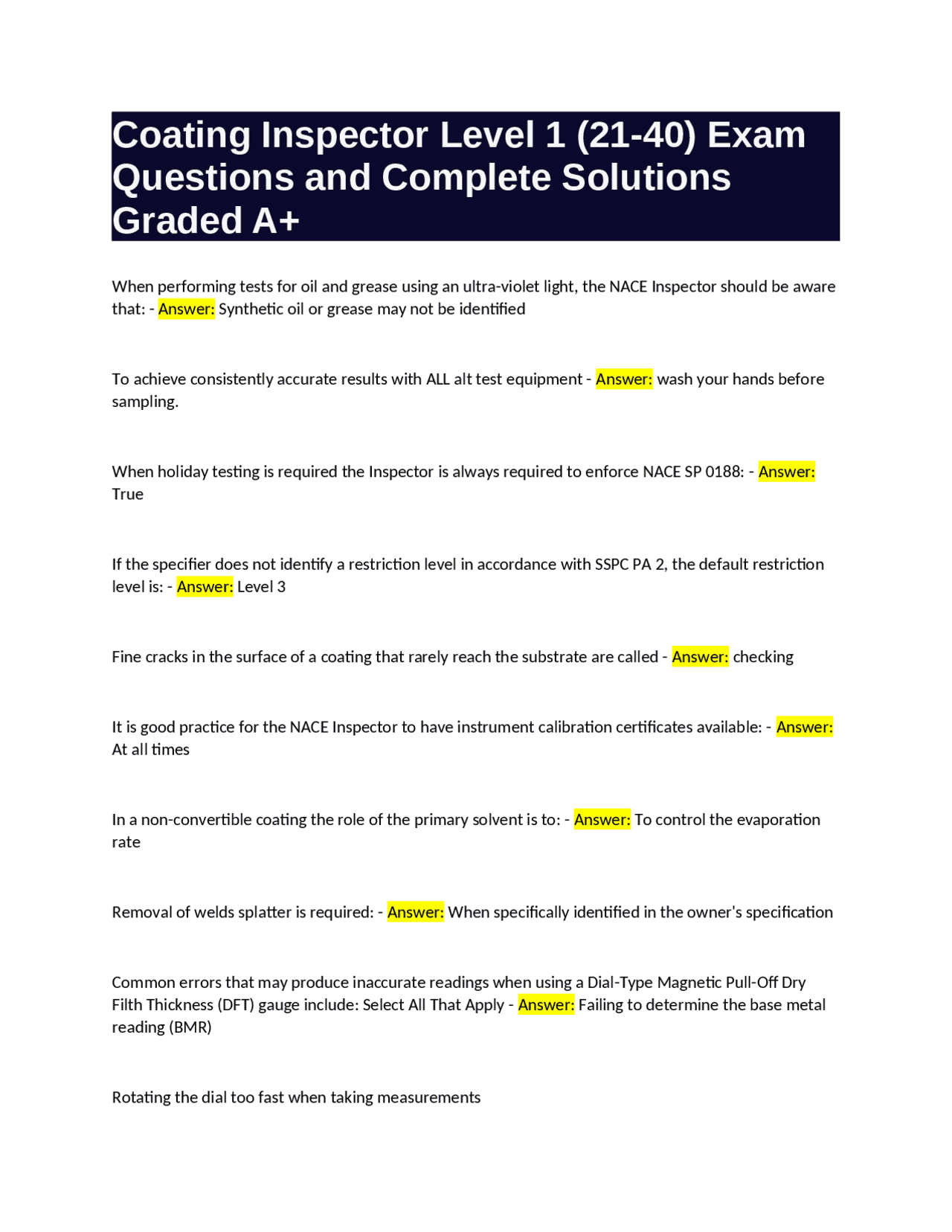 Level 1 Inspector Practical Examples Coating Inspector Level 1 (21-40) Exam Questions and Complete Solutions ...