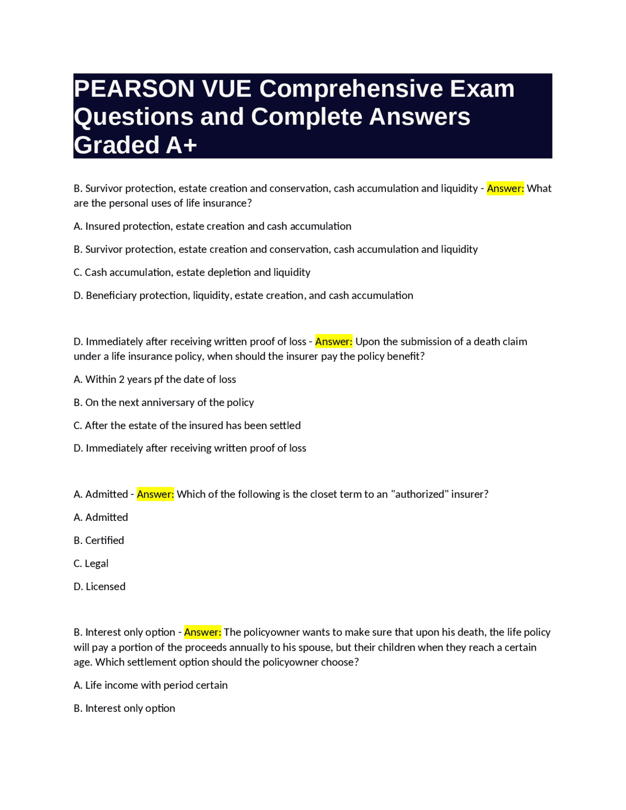 PEARSON VUE Comprehensive Exam Questions and Complete Answers Graded A+ ...
