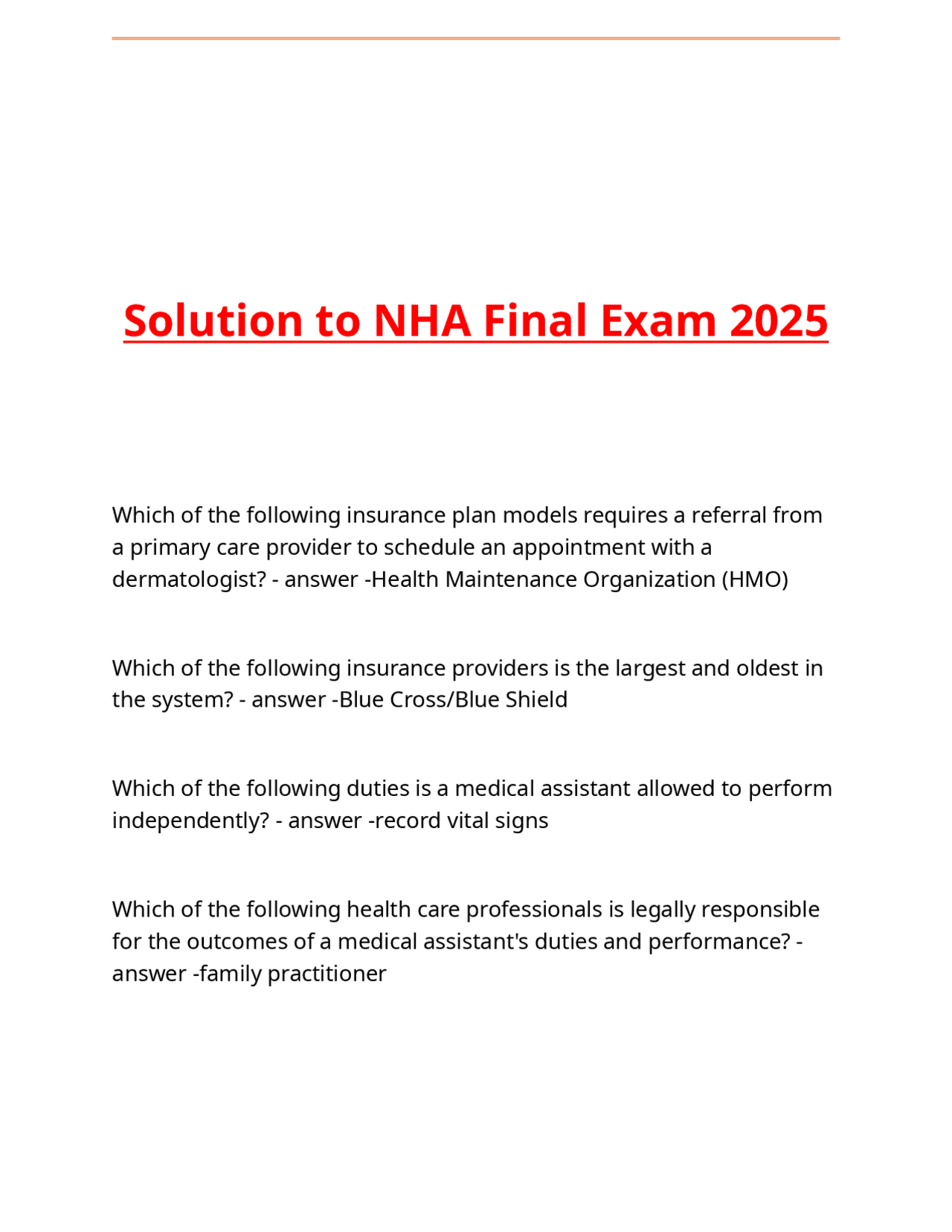 Solution to NHA Final Exam 2025.docx | Exams Nursing | Docsity