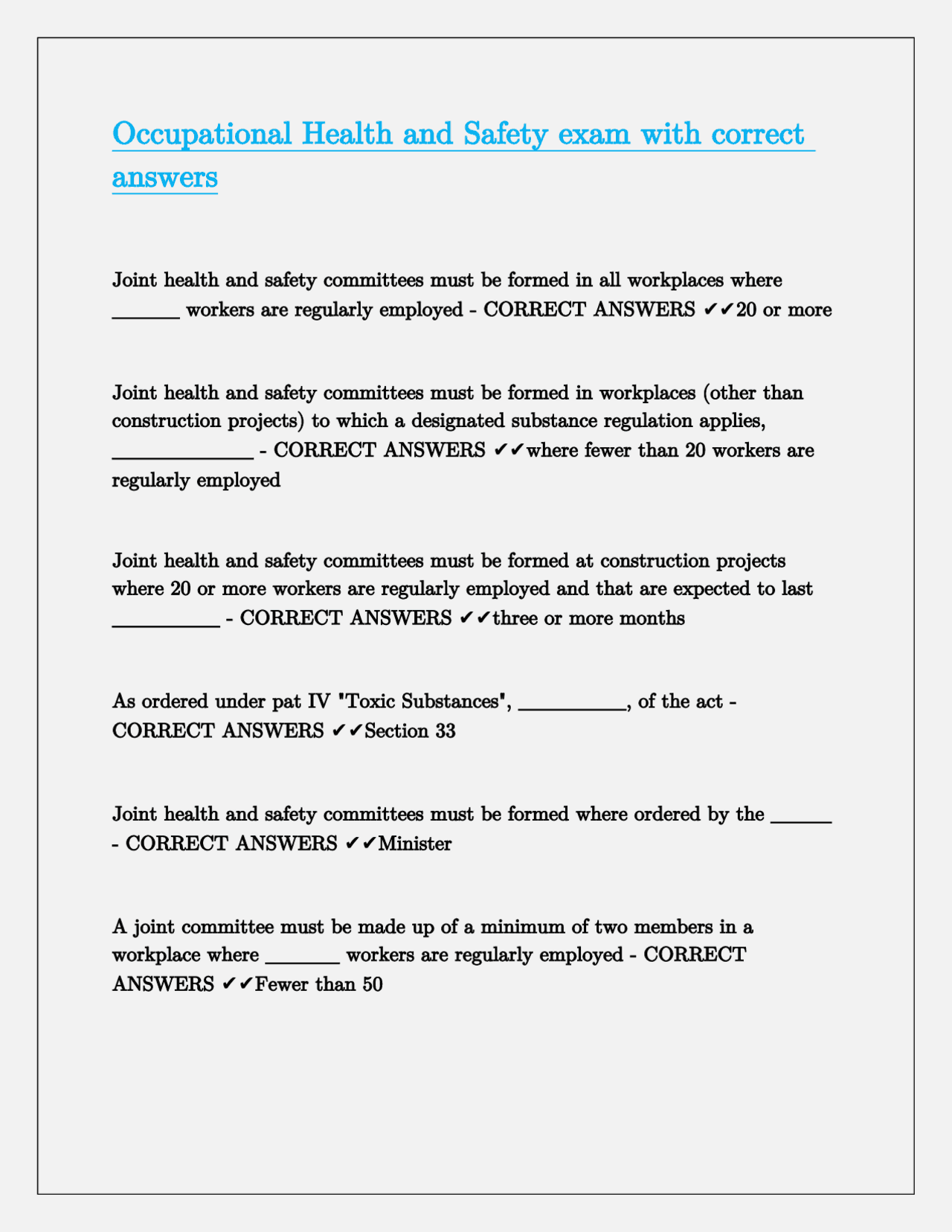 Occupational Health and Safety exam with correct answers | Exams Public ...