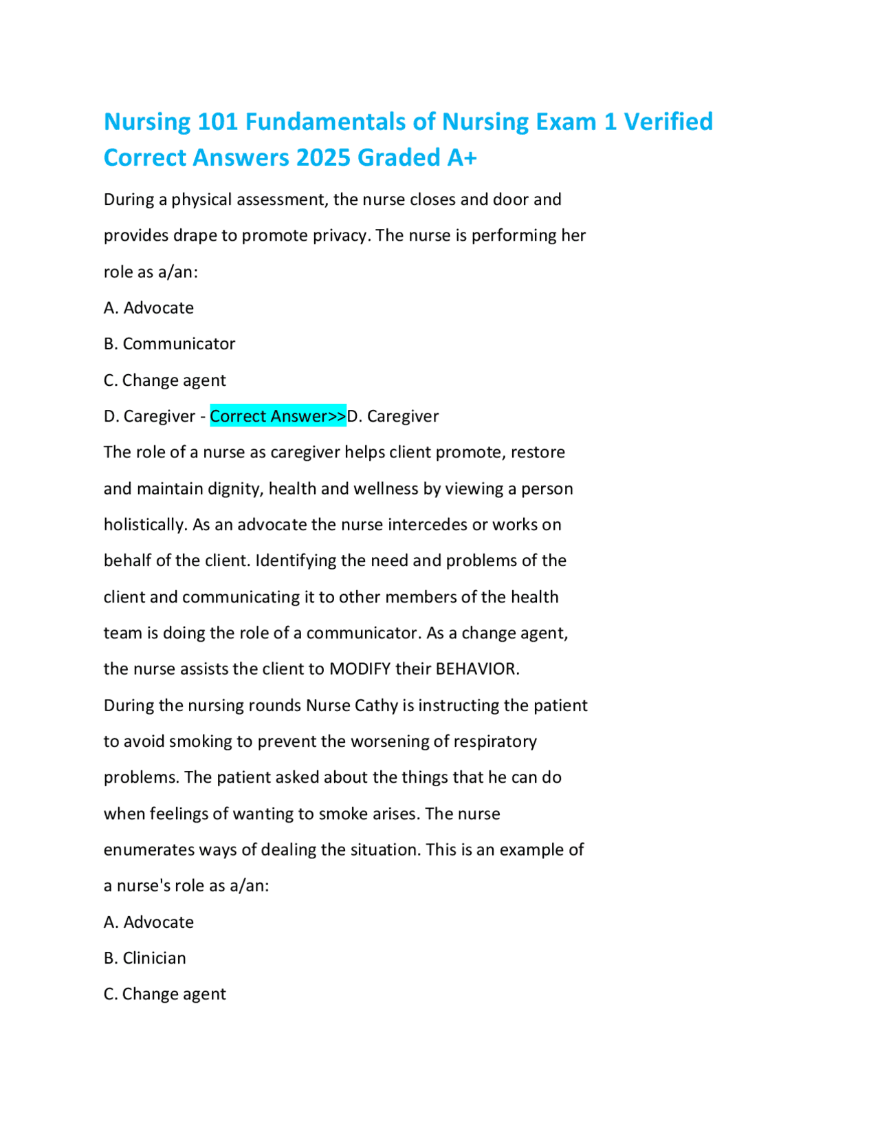 Nursing 101 Fundamentals of Nursing Exam 1 Verified Answers 2025 Graded ...