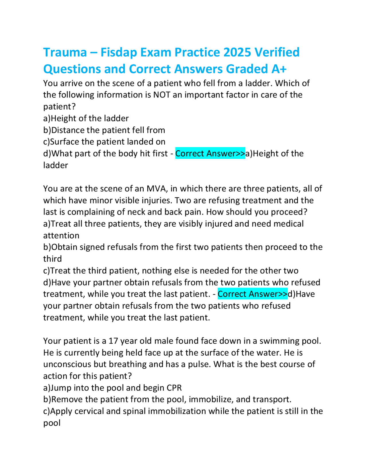 Trauma – Fisdap Exam Practice 2025 Verified Questions and Correct ...
