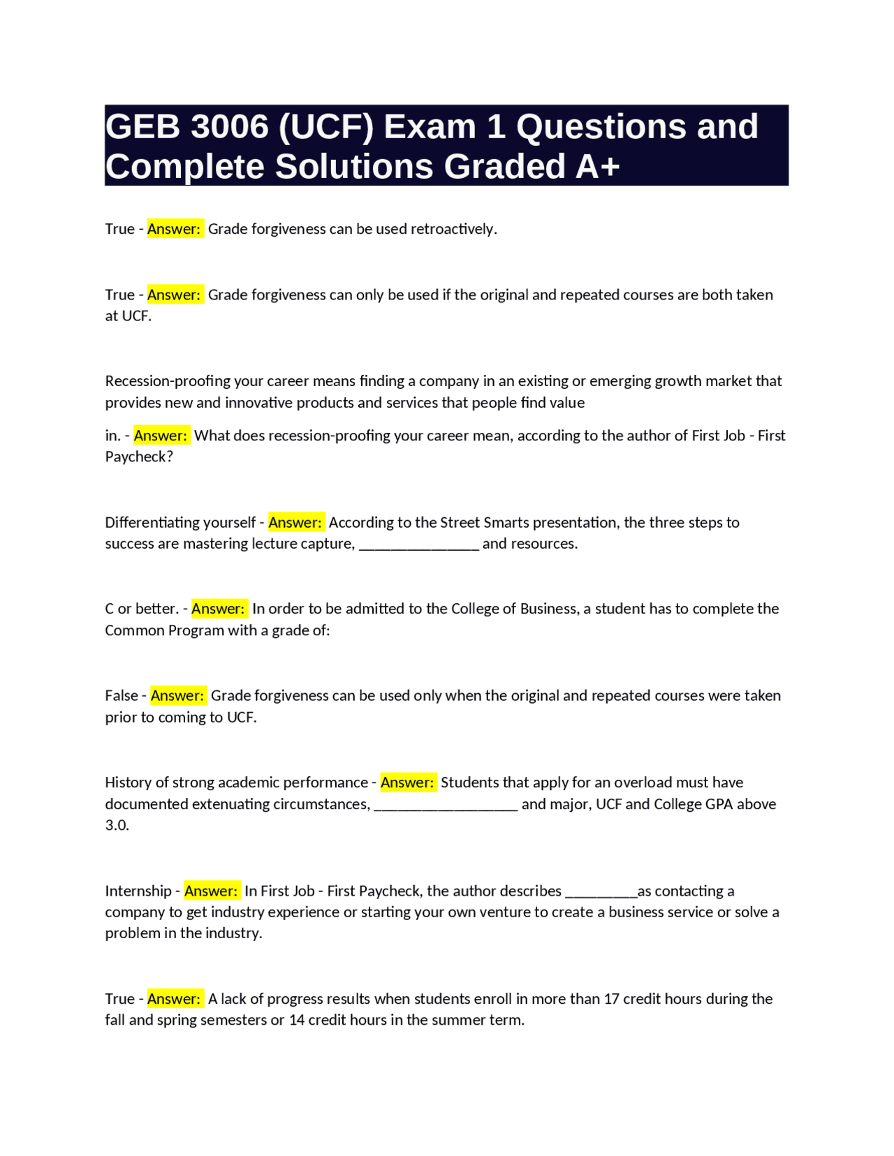 GEB 3006 (UCF) Exam 1 Questions and Complete Solutions Graded A+ | Exams Medicine | Docsity
