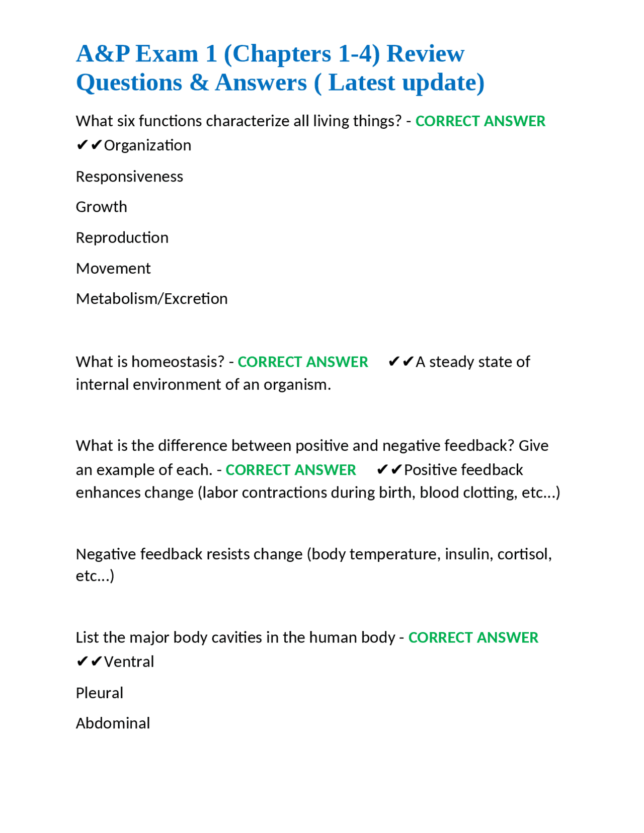 A&P Exam 1 (Chapters 1-4) Review Questions & Answers ( Latest update ...
