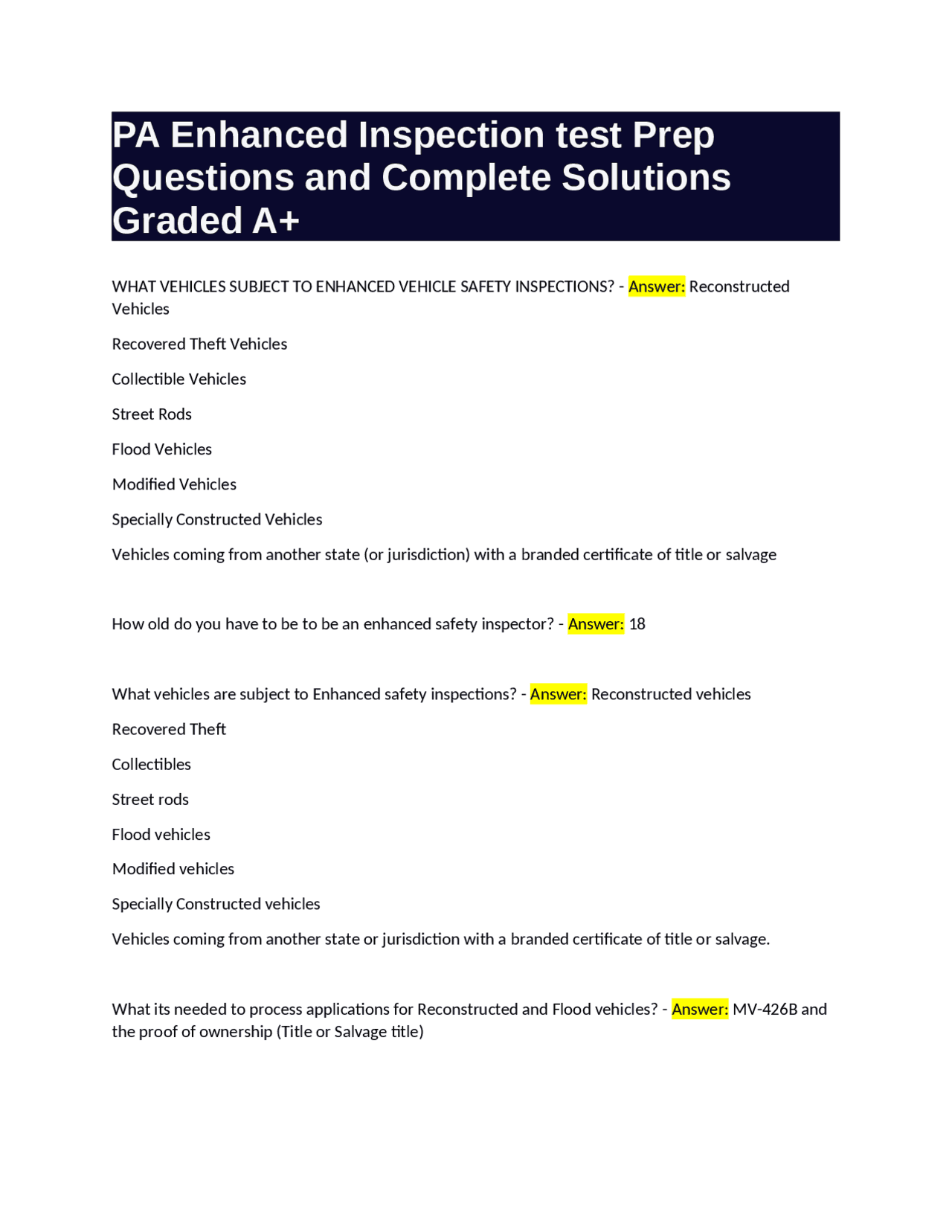 PA Enhanced Inspection test Prep Questions and Complete Solutions Graded A+ | Exams Engineering ...