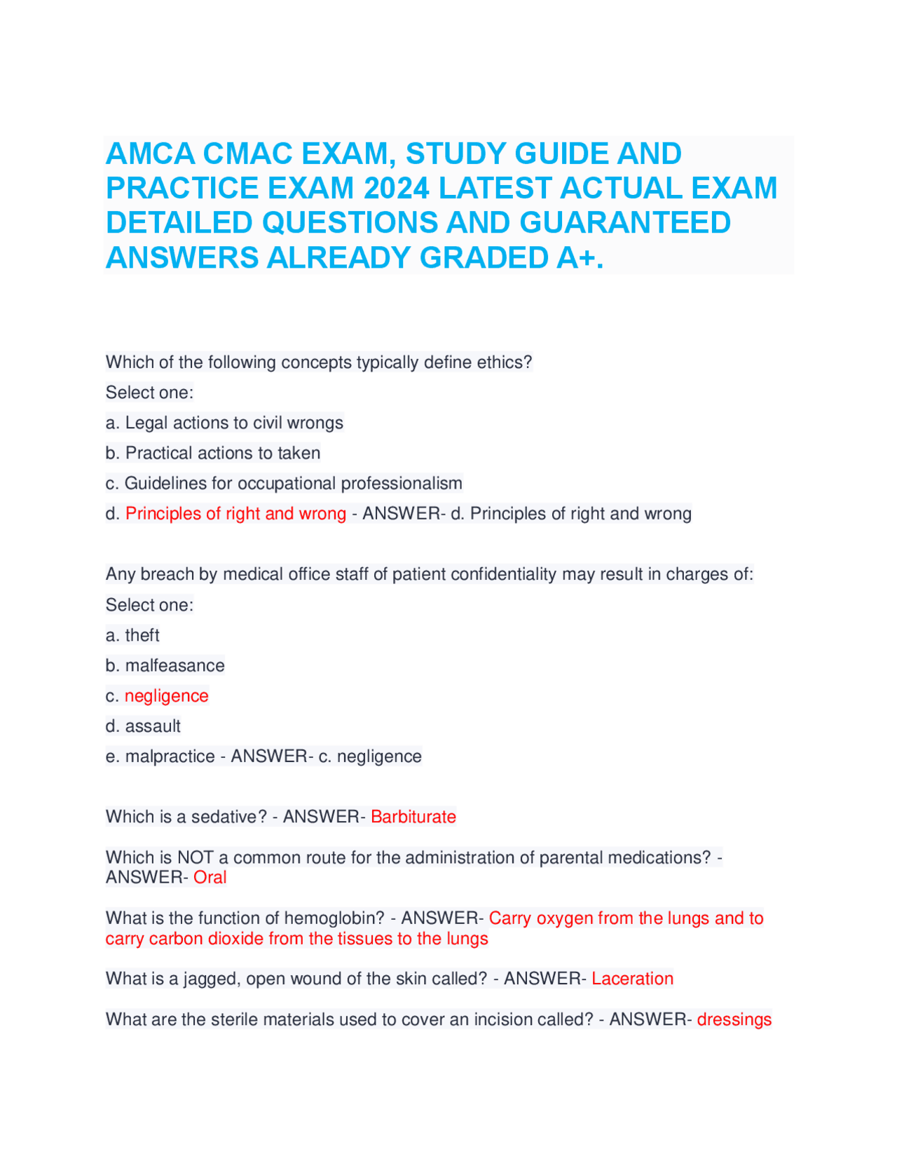AMCA CMAC EXAM, STUDY GUIDE AND PRACTICE EXAM 2024 LATEST ACTUAL EXAM ...