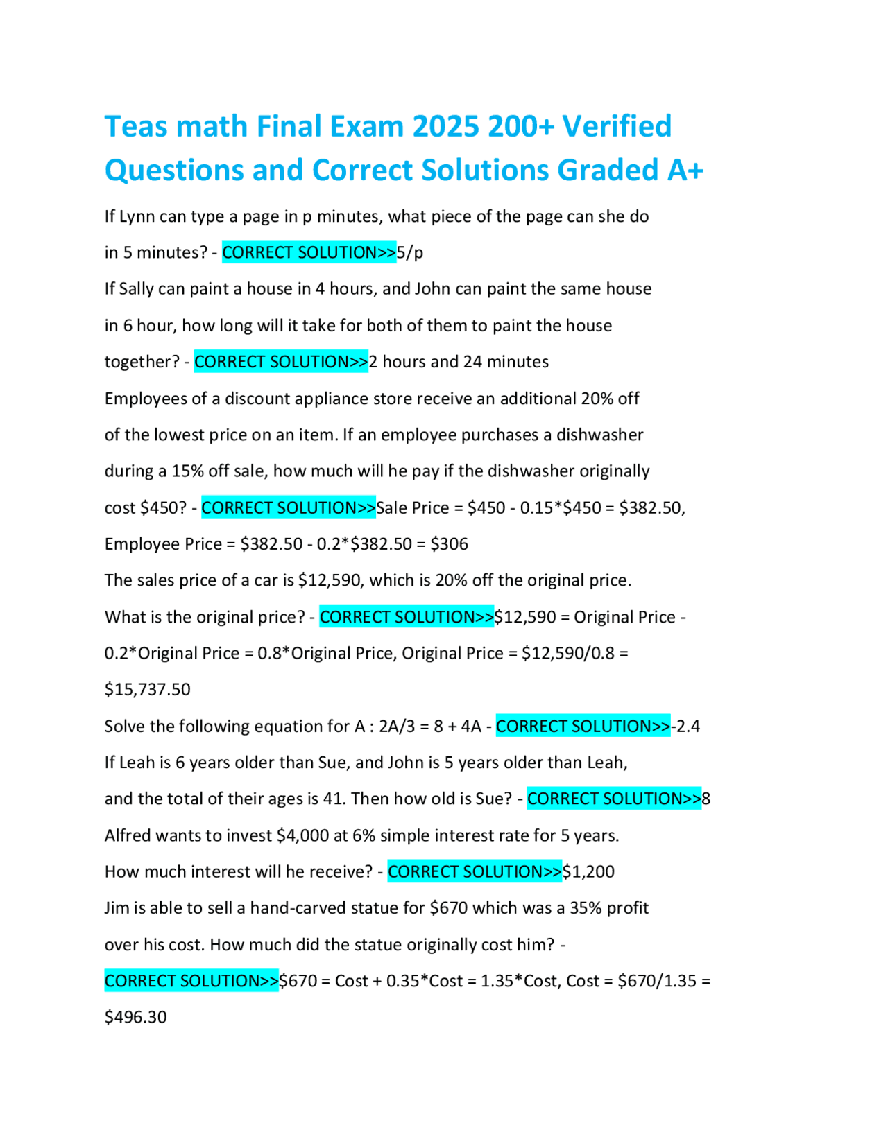 Teas math Final Exam 2025 200+ Verified Questions and Correct Solutions ...