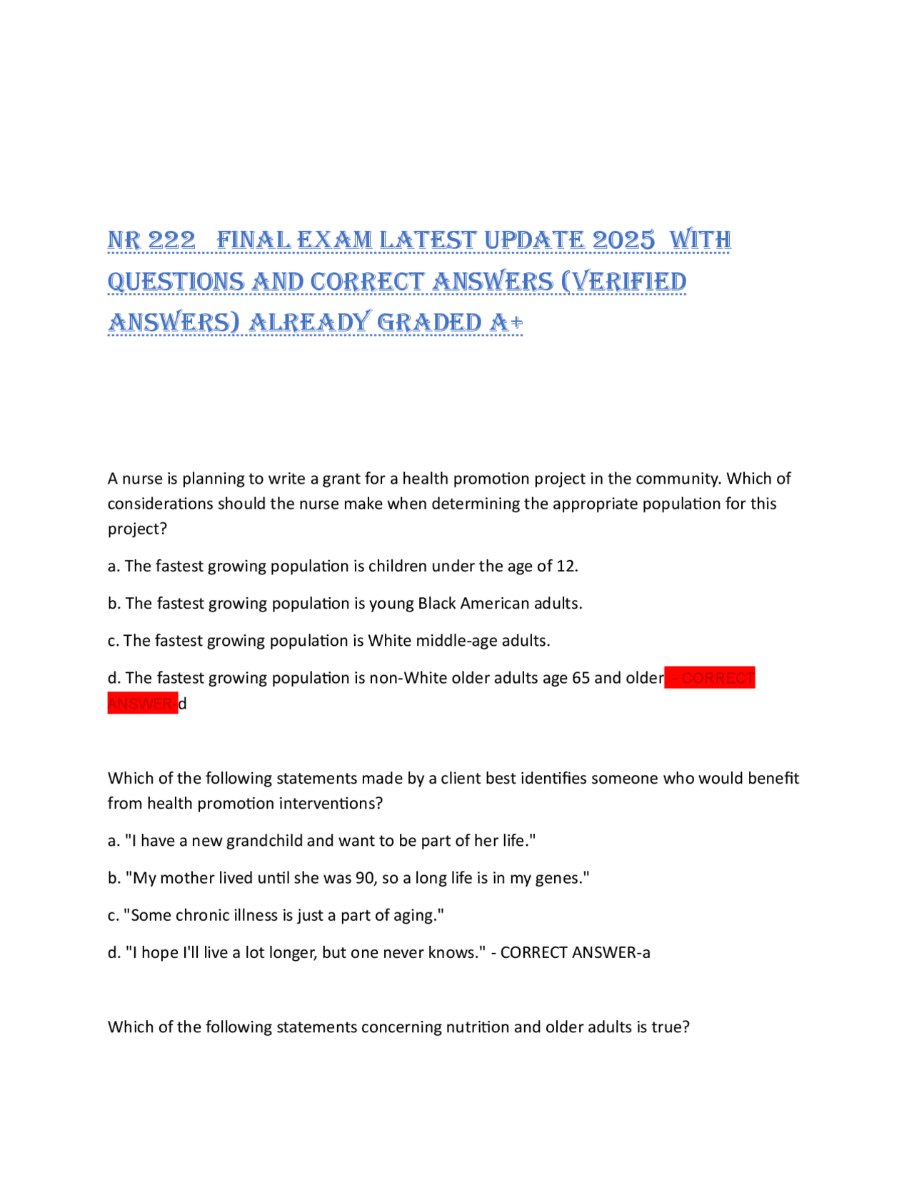 NR 222 FINAL EXAM LATEST UPDATE 2025 WITH QUESTIONS AND CORRECT ANSWERS ...