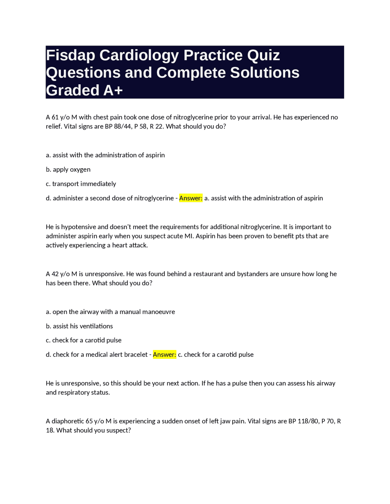Fisdap Cardiology Practice Quiz Questions and Complete Answers Graded ...