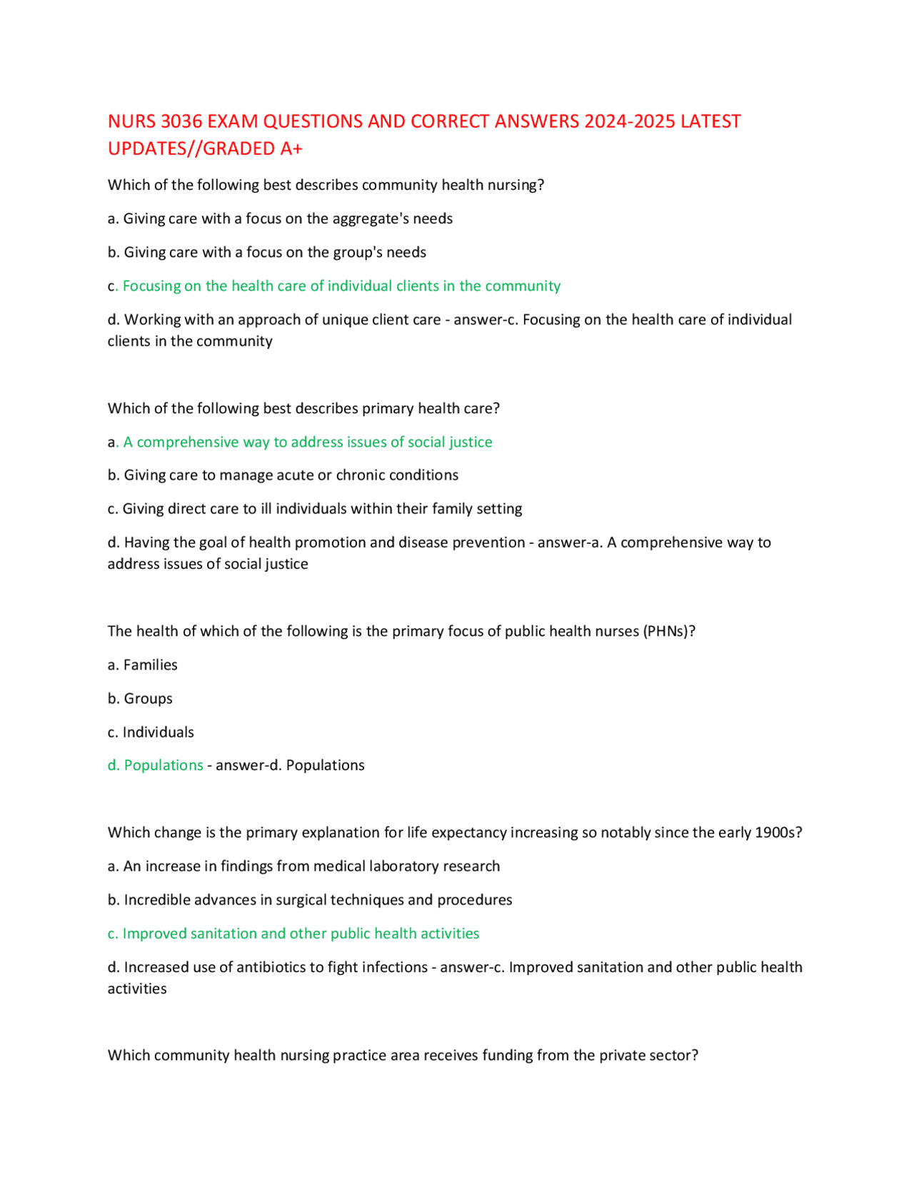 NURS 3036 EXAM QUESTIONS AND CORRECT ANSWERS 2024-2025 LATEST UPDATES ...
