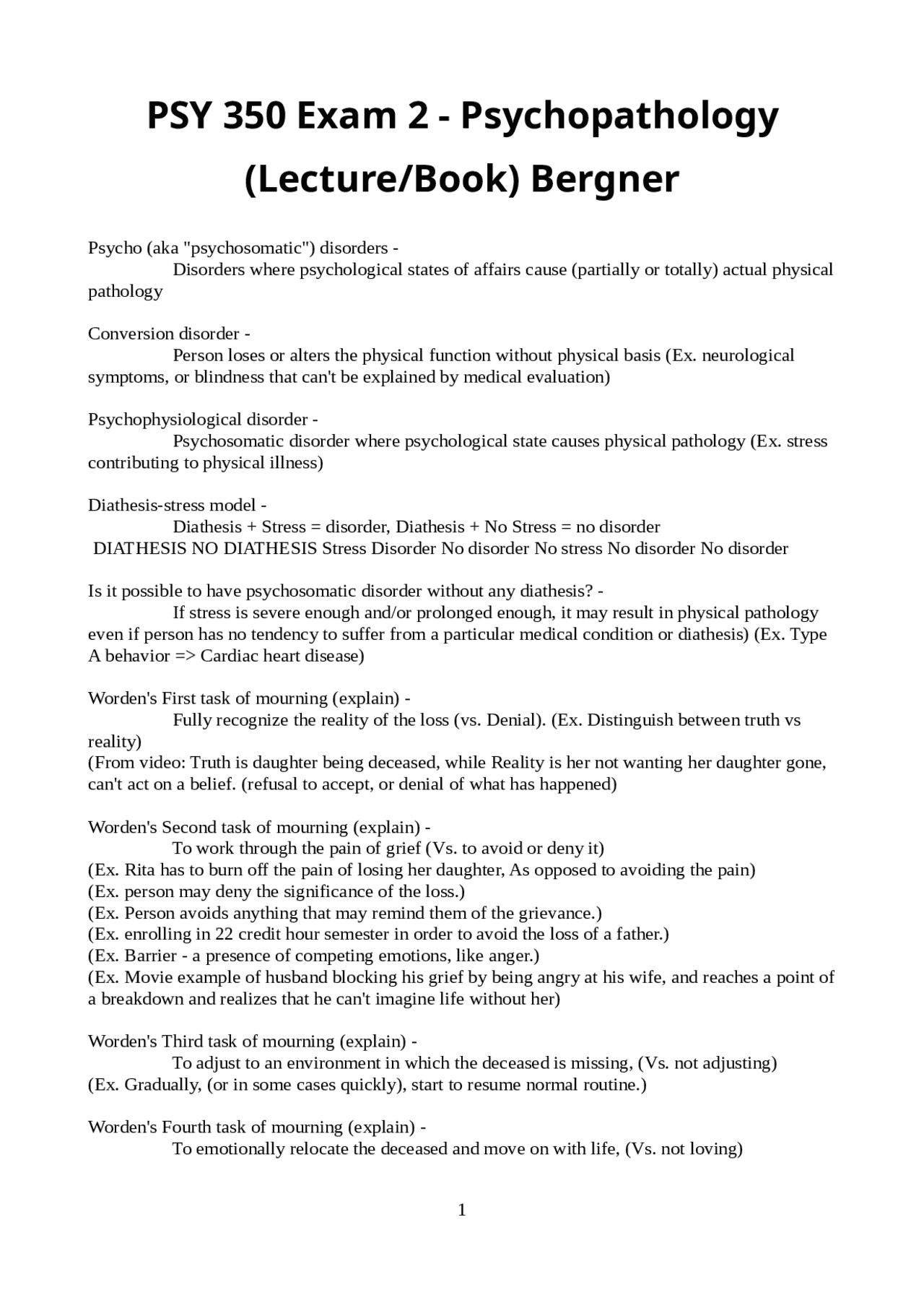 PSY 350 Exam 2 - Psychopathology (Lecture Book) Bergner | Exams ...