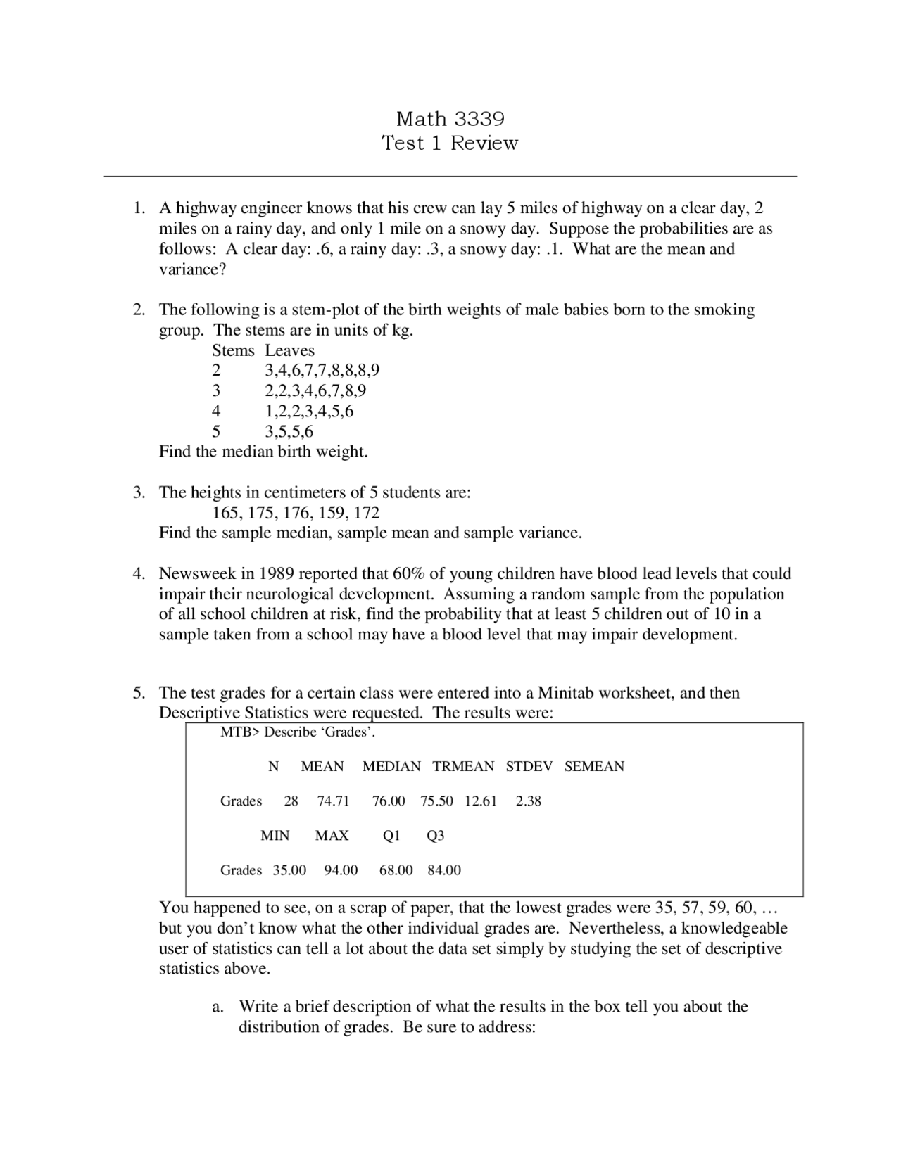 Test 1 Review MATH 3339 | Study Guides, Projects, Research Statistics ...