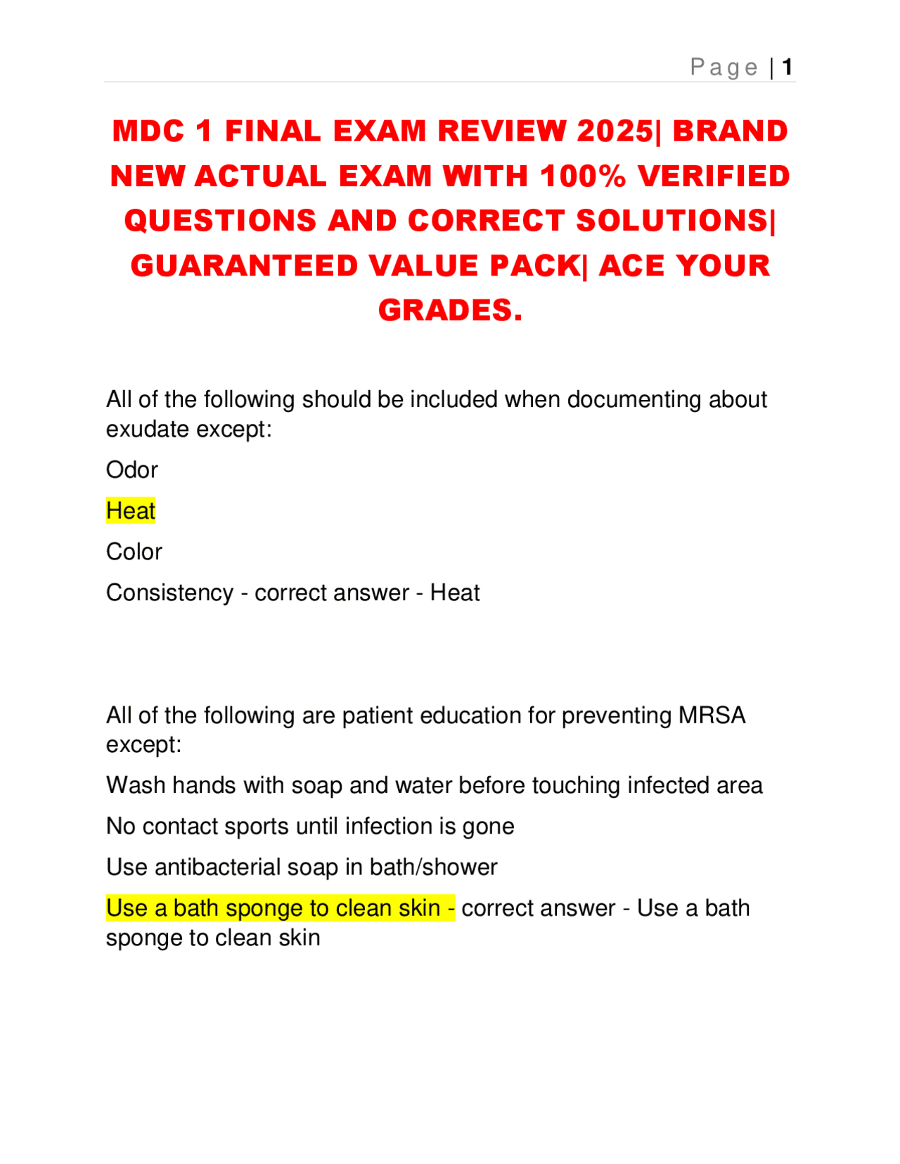 MDC 1 FINAL EXAM REVIEW 2025| BRAND NEW ACTUAL EXAM. | Exams Nursing ...