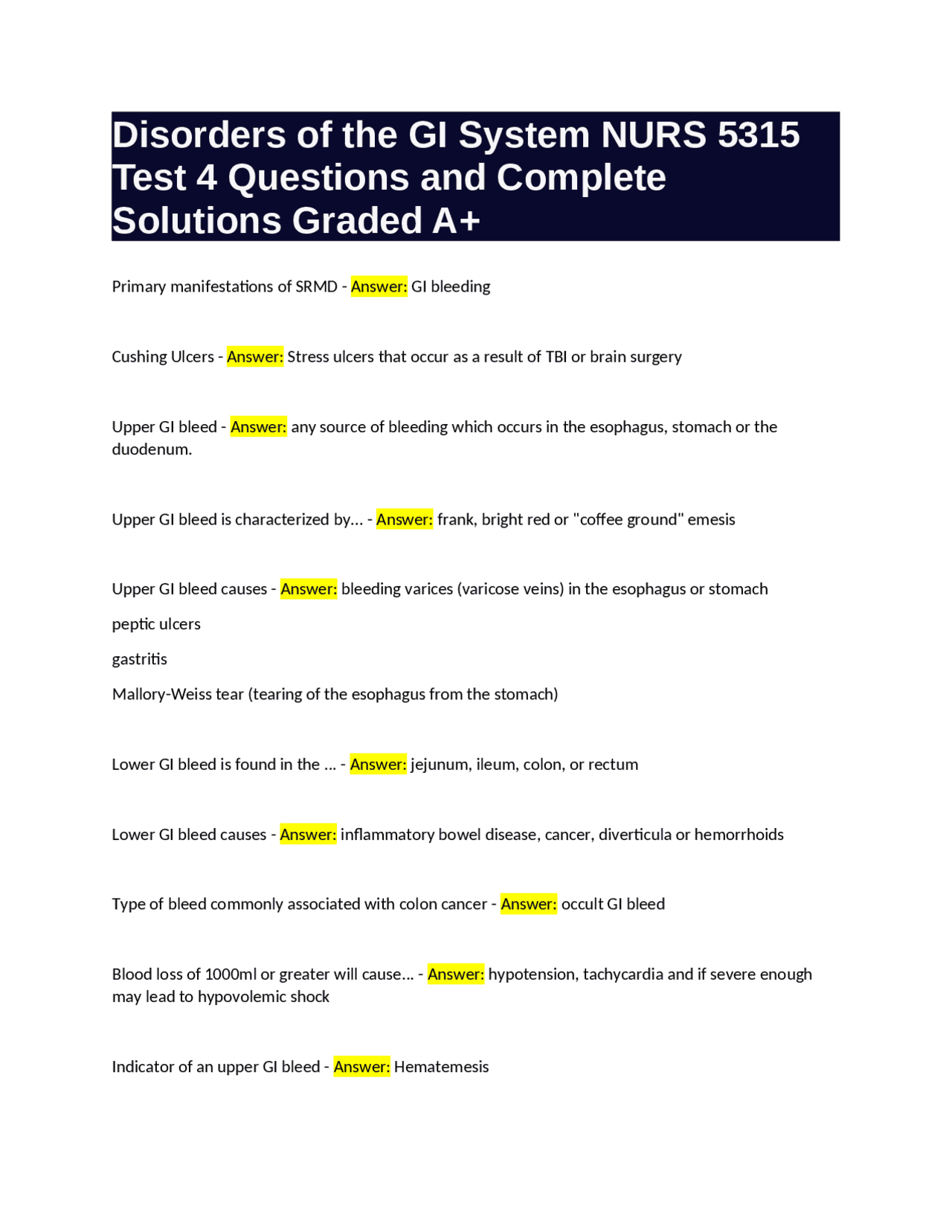 Disorders of the GI System NURS 5315 Test 4 Questions and Complete ...