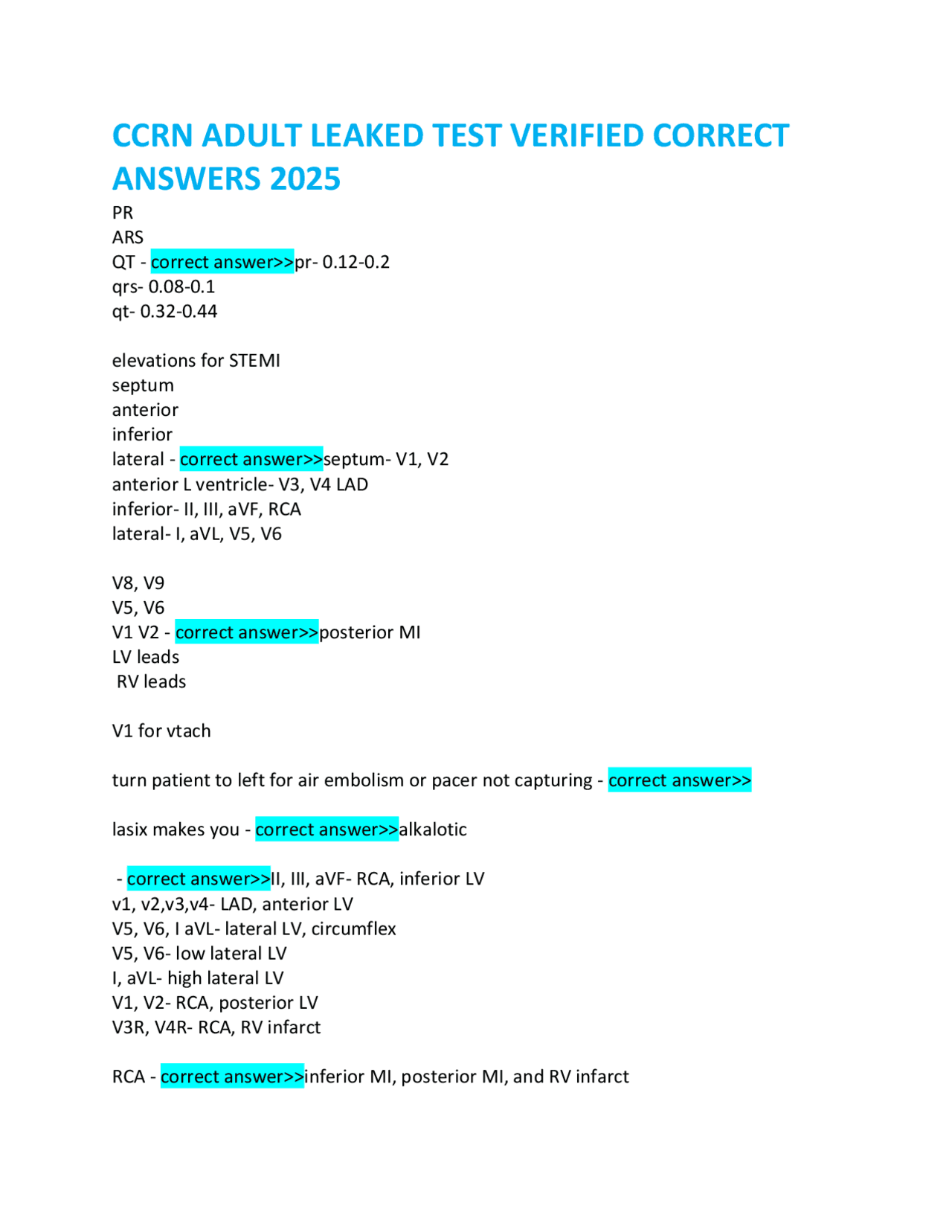 CCRN ADULT LEAKED TEST VERIFIED CORRECT ANSWERS 2025 Exams Nursing Docsity