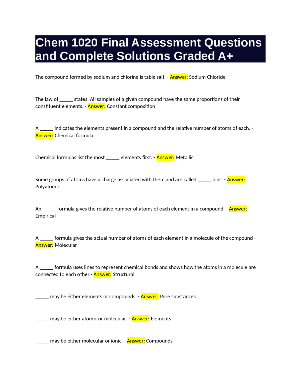 Chem 1020 Final Test Questions and Complete Solutions Graded A+ | Exams ...