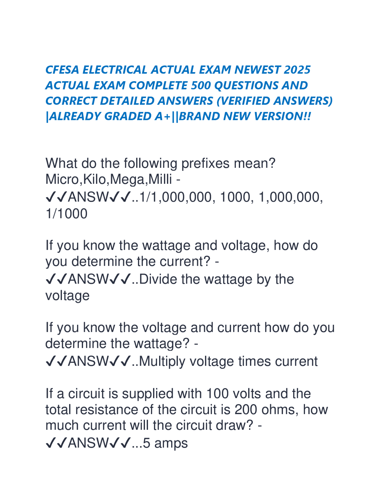 CFESA ELECTRICAL ACTUAL EXAM NEWEST 2025 ACTUAL EXAM COMPLETE 500 ...