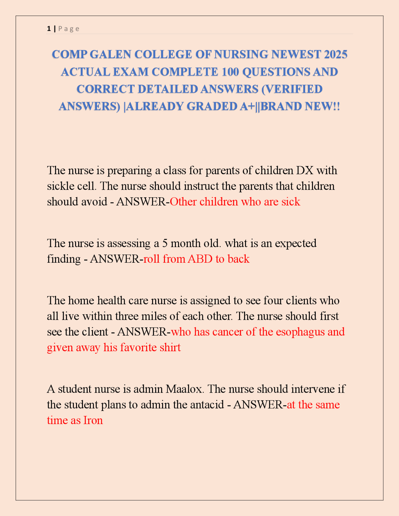 COMP GALEN COLLEGE OF NURSING NEWEST 2025 ACTUAL EXAM COMPLETE 100 ...