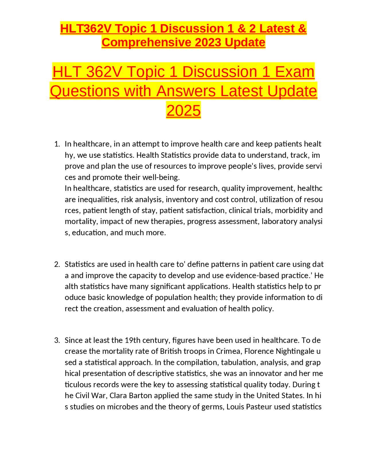 HLT 362V Topic 1 Discussion 1 Exam Questions with Answers Latest Update ...