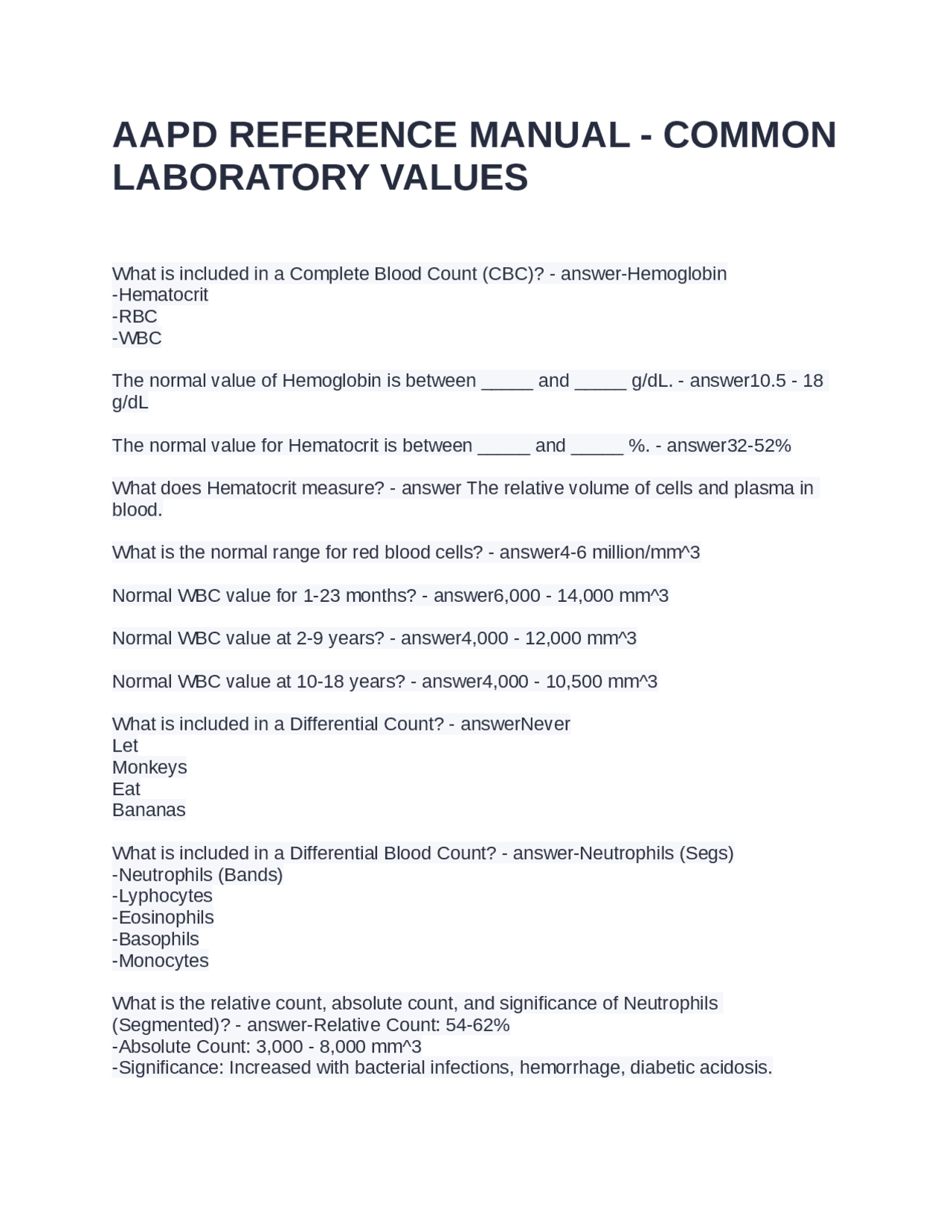 AAPD REFERENCE MANUAL - COMMON LABORATORY VALUES QUESTIONS AND ANSWERS ...