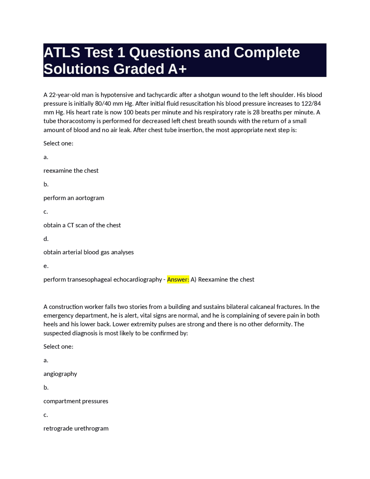ATLS Test 1 Questions and Complete Solutions Graded A+ | Exams Medicine ...