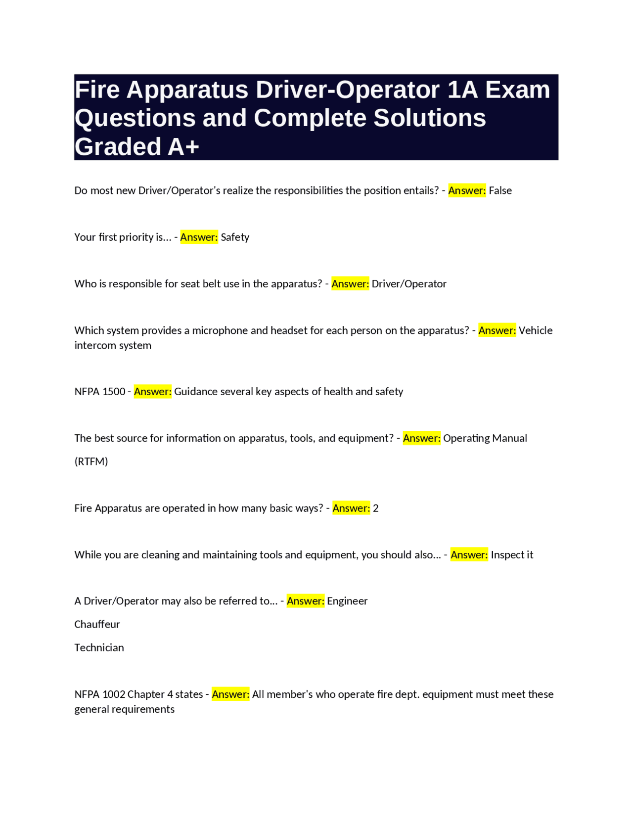 Fire Apparatus Driver-Operator 1A Exam Questions and Complete Solutions ...