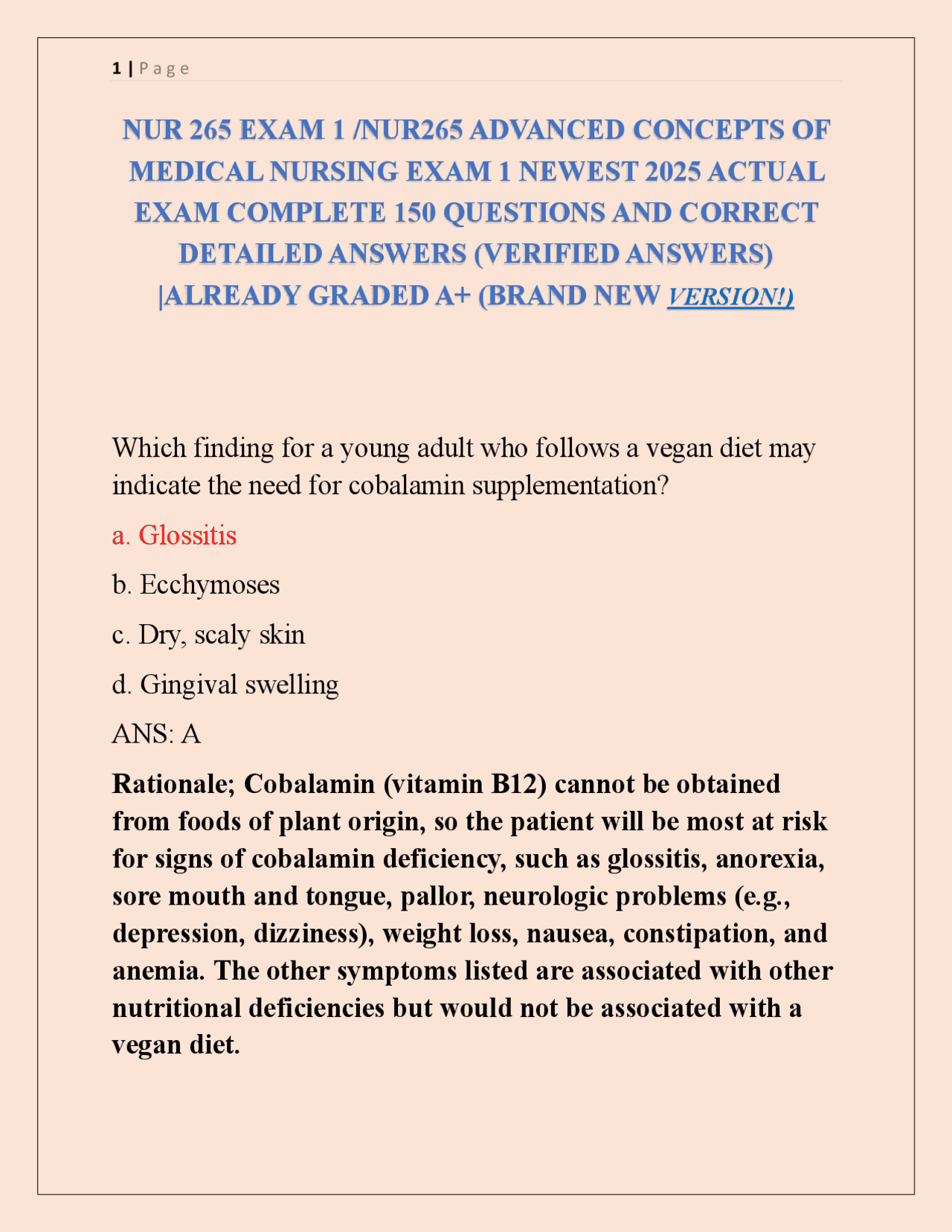 NUR 265 EXAM 1 /NUR265 ADVANCED CONCEPTS OF MEDICAL NURSING EXAM 1 ...
