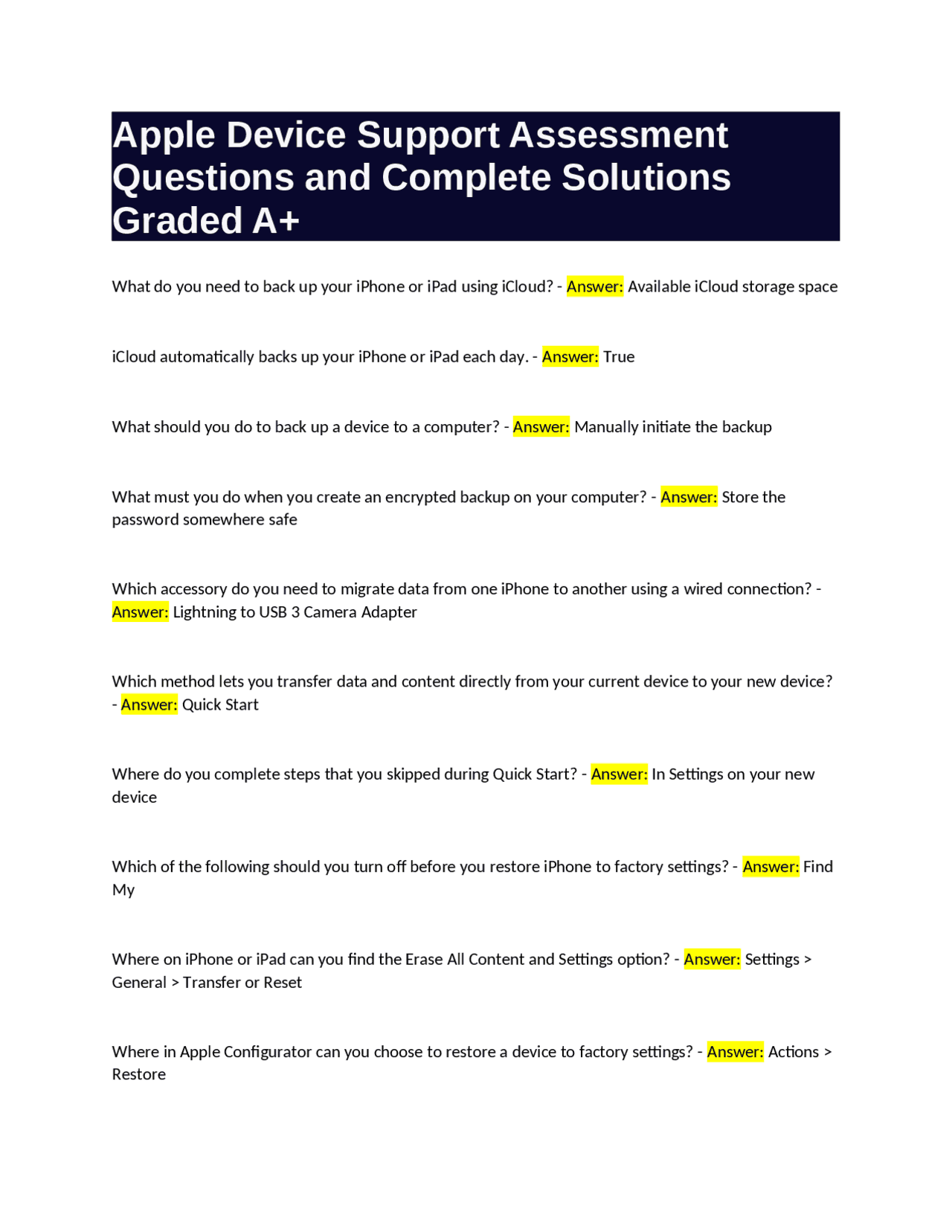 Apple Device Support Assessment Questions and Complete Solutions Graded ...