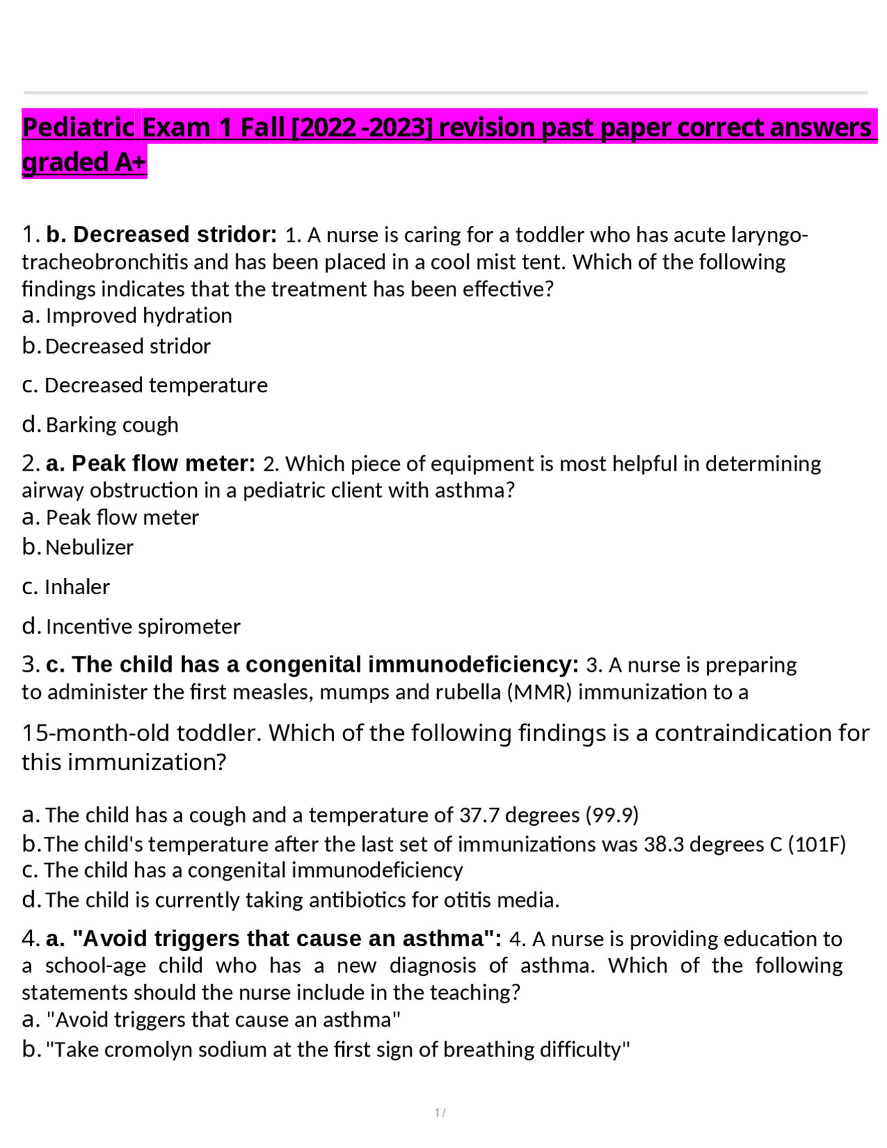 Pediatric Exam 1 Fall [2022 -2023] revision past paper correct answers ...