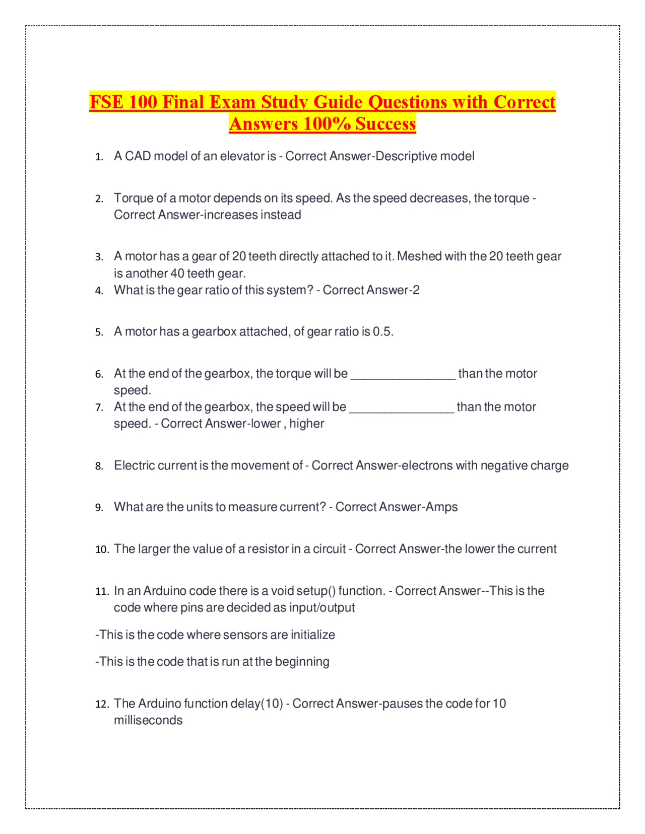 FSE 100 Final Exam Study Guide Questions with Correct Answers 100% ...