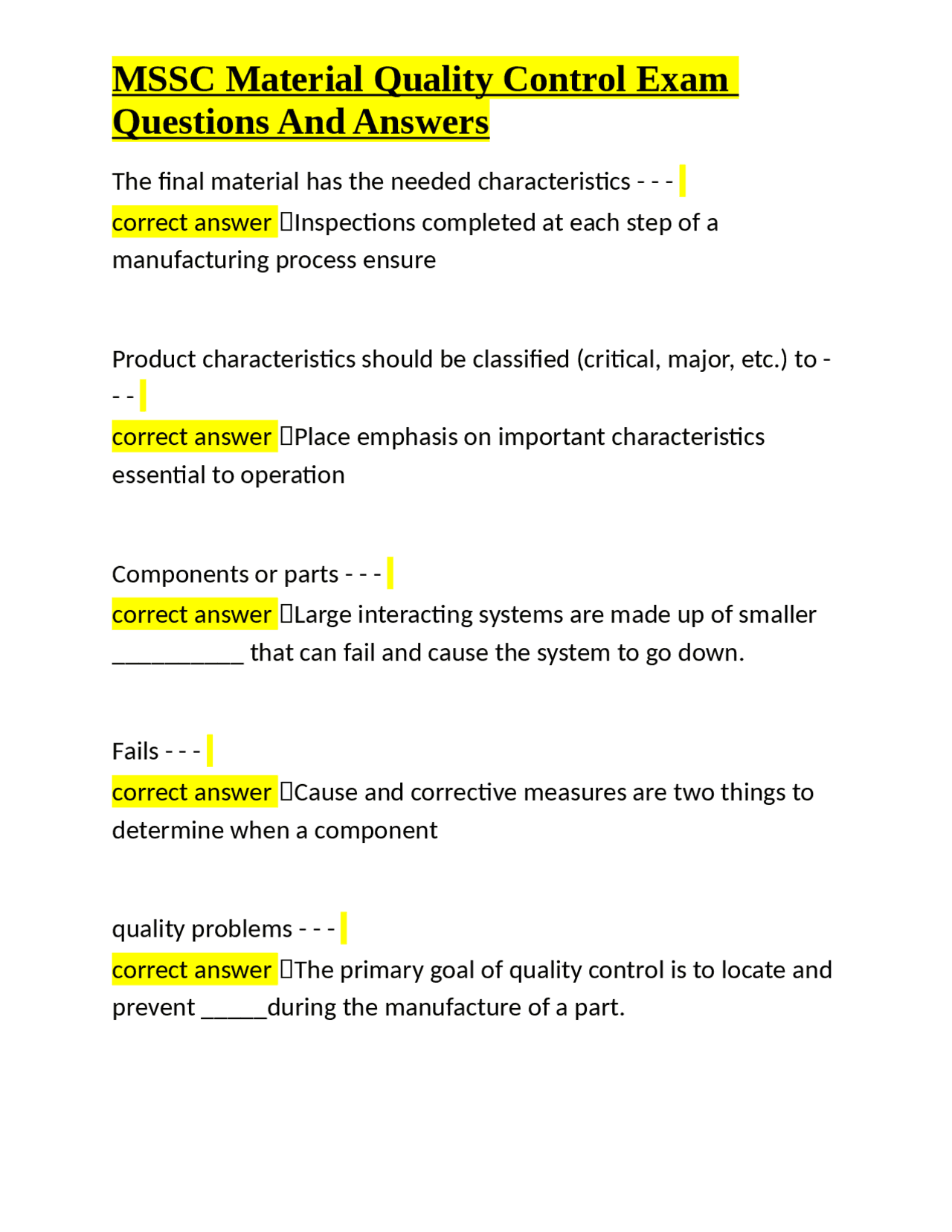 MSSC Material Quality Control Exam Questions And Answers | Exams ...
