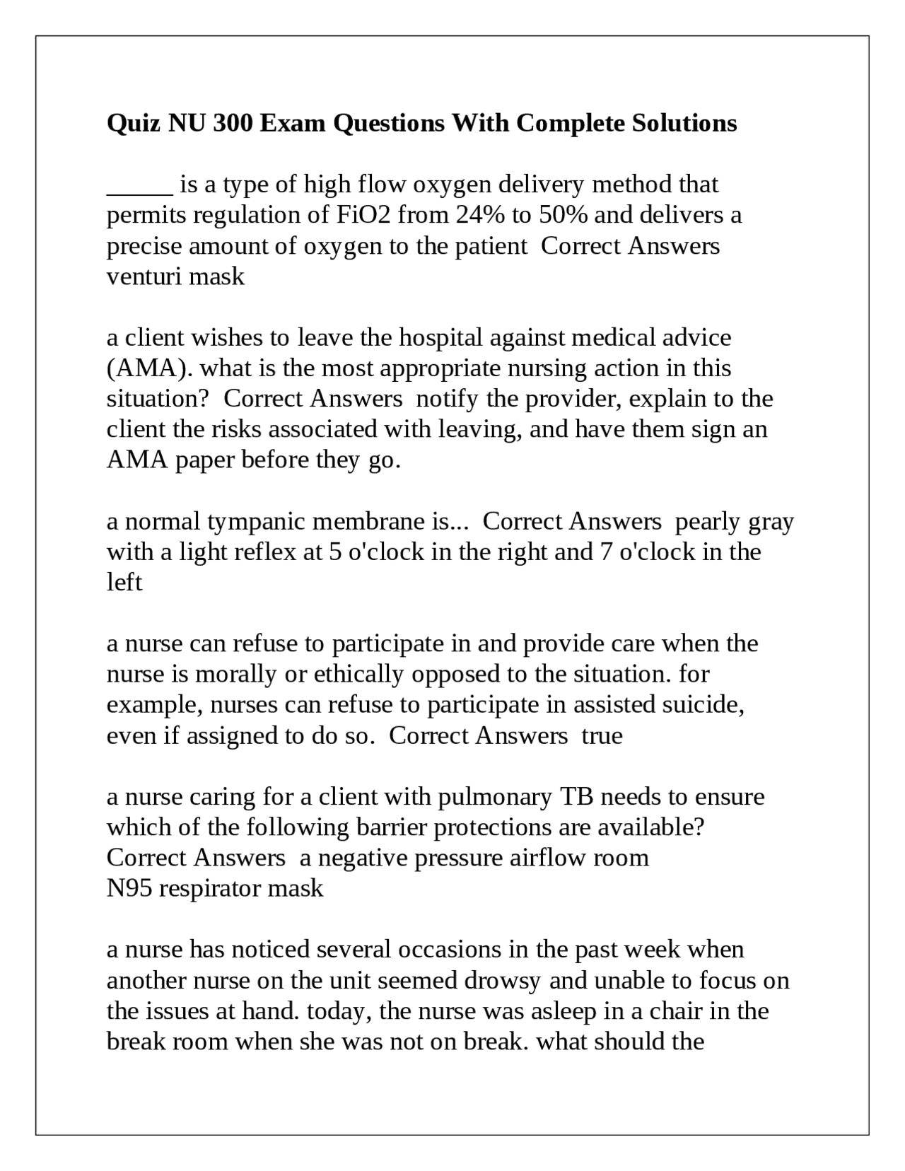 Quiz NU 300 Exam Questions With Complete Solutions | Exams Nursing ...