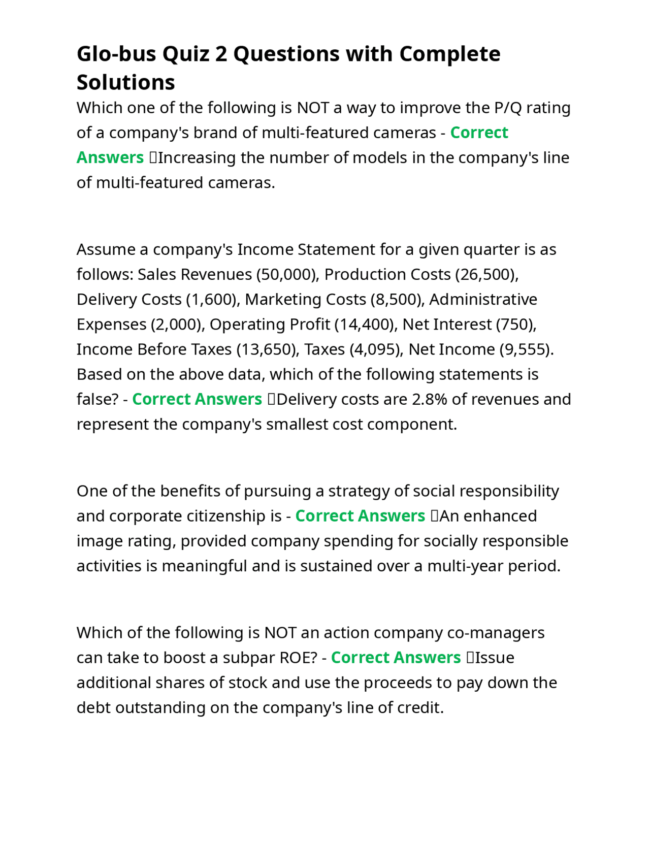 Glo-bus Quiz 2 Questions with Complete Solutions | Exams Nursing | Docsity