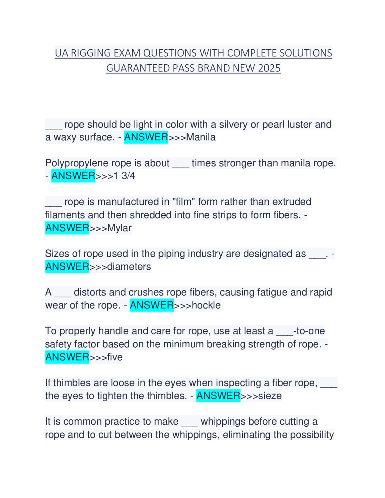 UA RIGGING EXAM QUESTIONS WITH COMPLETE SOLUTIONS GUARANTEED PASS BRAND ...